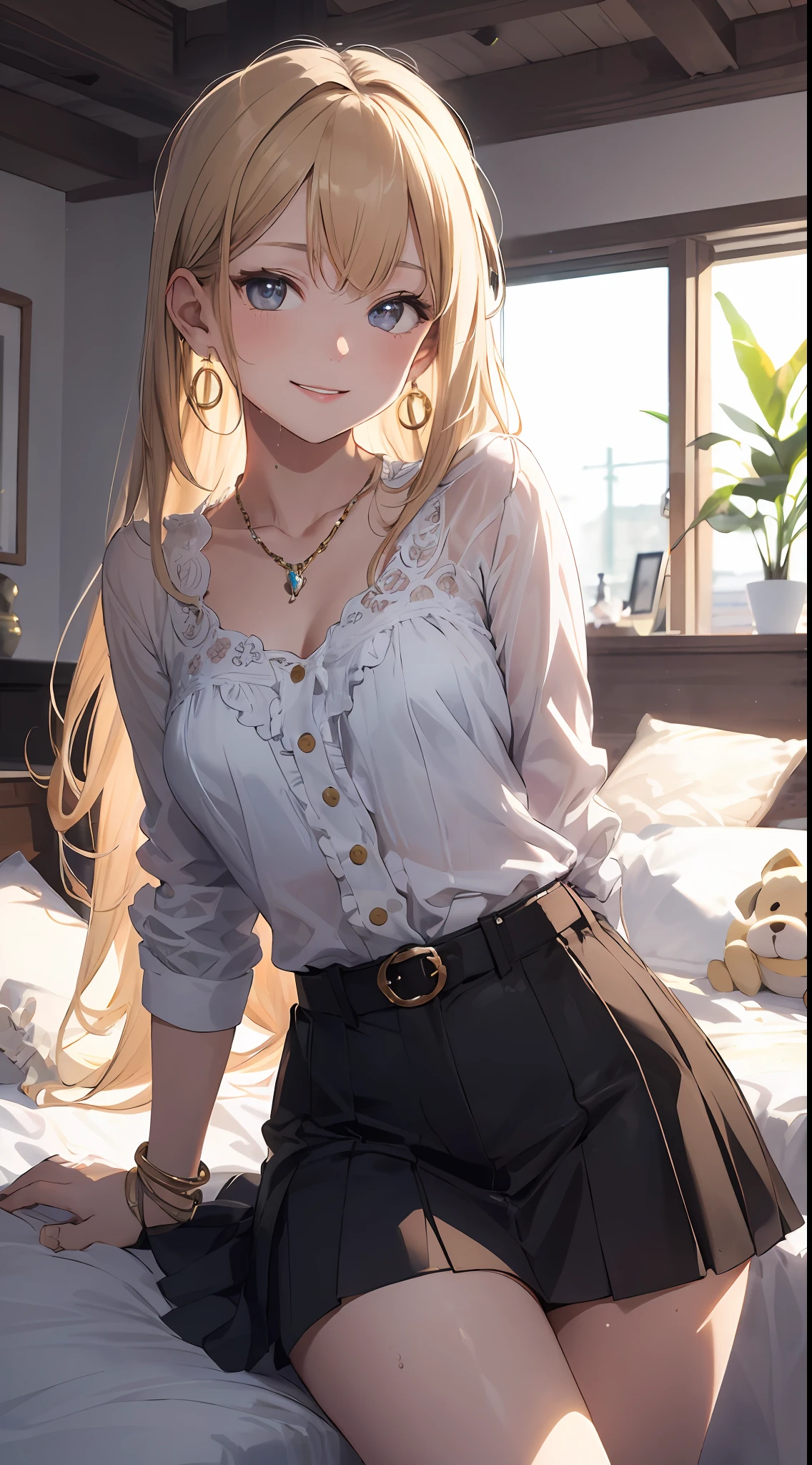 ((masterpiece best quality:1.4)), ((masutepiece, Best Quality)), (The 8k quality), (Detailed background:1.3), (Detailed face:1.3), (The cutest age idols:1.5),Beautiful portrait、Delicate body,Blouse with wet ruffles,Super Mini Check Skirt,Exposed udder、Flipped skirt、sexy underwear、garterbelts、Vintage, Long Blonde Hair,Cinematic Light,Little smile,tilt the neck、Plush bed、laying on back、Sunlight、Rainbow glow, Beautiful Glow,Luxurious earrings, Luxurious necklace,Luxurious rings、Shy smile、red blush、