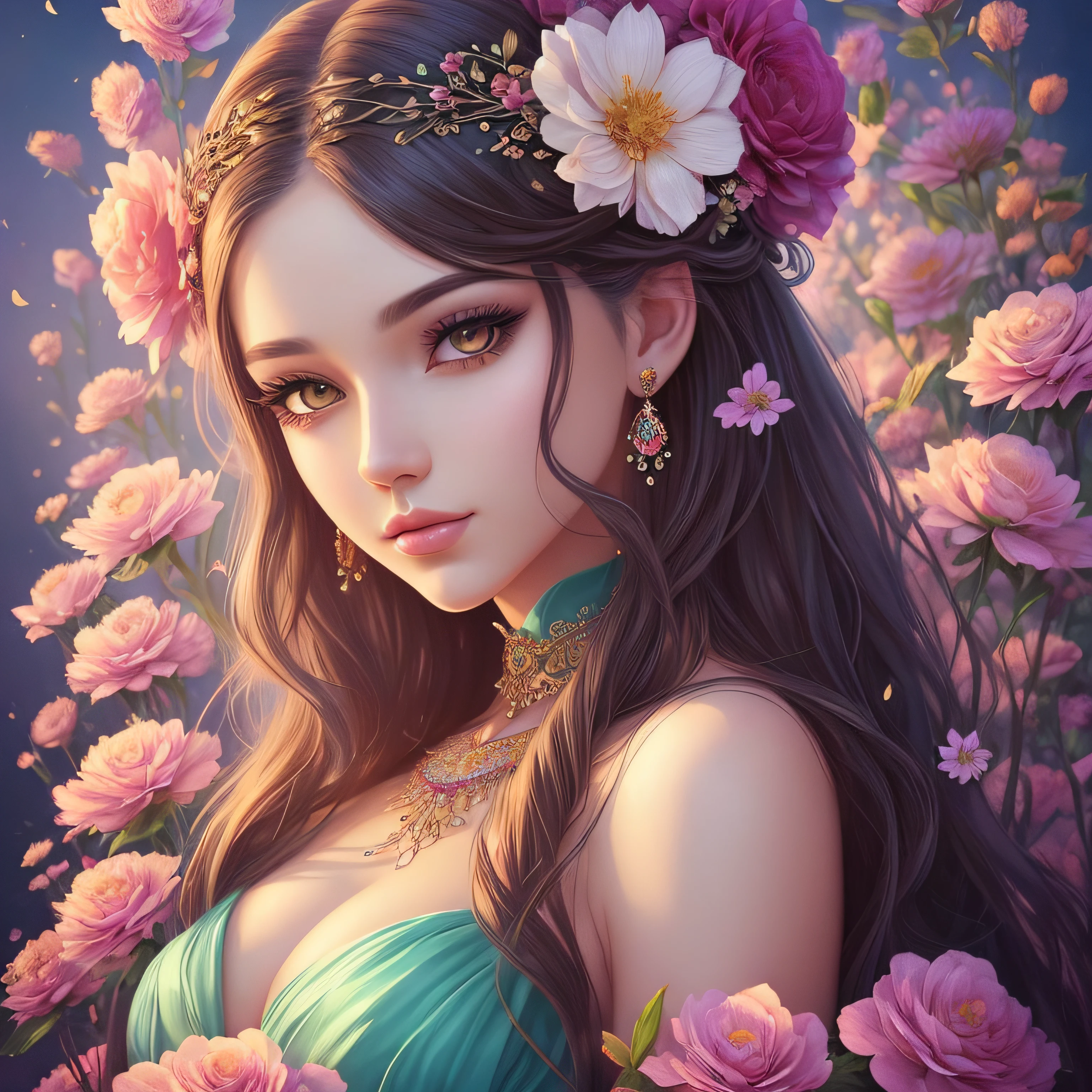 digital art of a woman with a flower in her hair, beautiful digital artwork, alena aemani digital art, stunning digital illustration, fantasy art behance, gorgeous digital art, beautiful digital art, colorfull digital fantasy art, very beautiful digital art, stunning digital art, beautiful fantasy portrait, beautiful art uhd 4 k, beautiful fantasy art portrait, beautiful gorgeous digital art