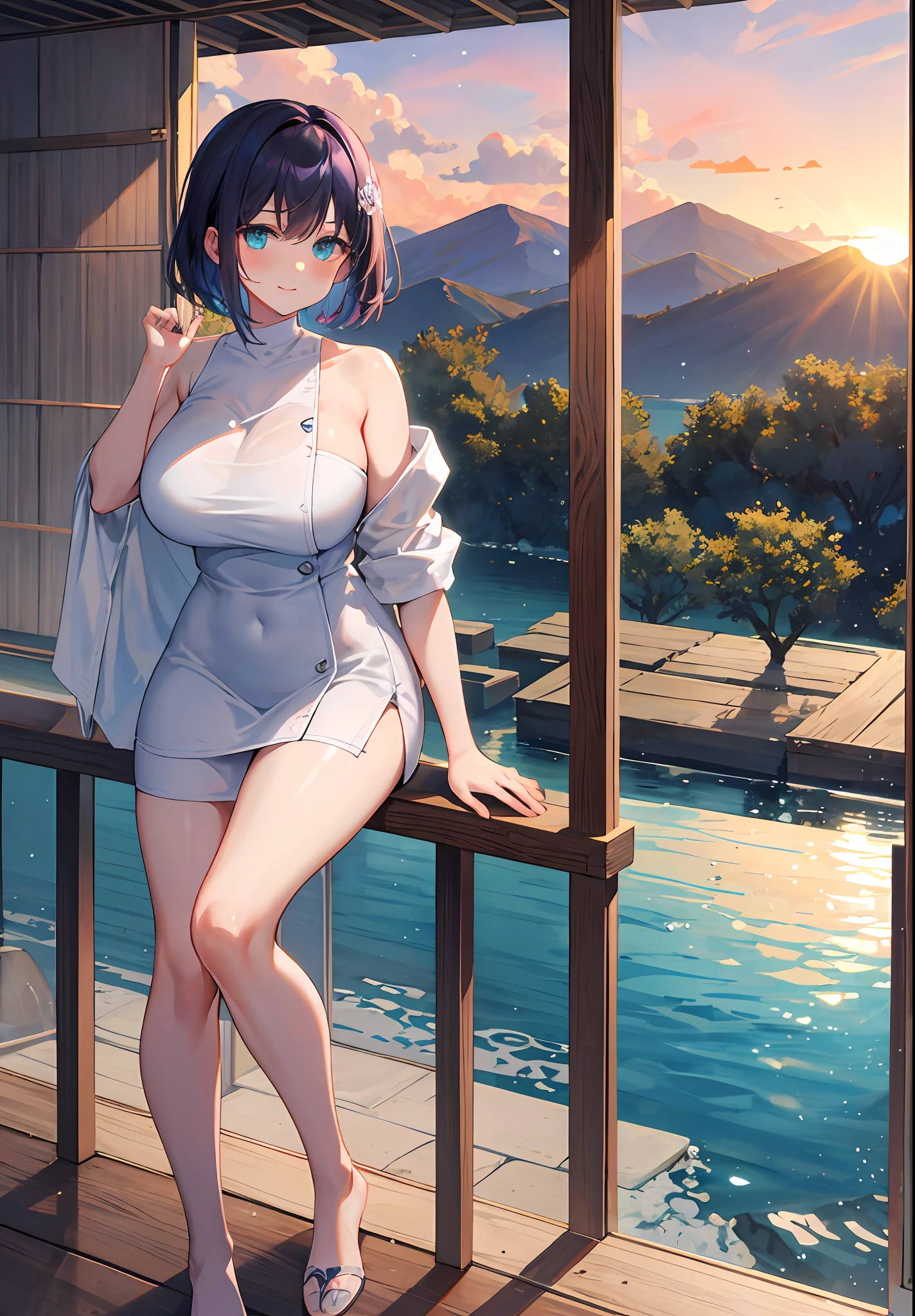 VerydetailedCG，UHD wallpaper， extremy detailed，（（（Best Quority）））， （（ultra detali））， 1girl huge large breasts， Animal_oren， Black_Hair， Blue_Eyes， Large breasts， cat_oren，（Naked_Towels）， the clouds， Cloudy_Sky， crepuscular， nights， Gradient_Sky， horizon， Looking_At_peeping at the viewer， makeups， mediating_breasts， Aqua Eye， woven， Eau， droplets of water， mont， mountainous_horizon， navels， the ocean， Orange_Sky， exteriors， Palm_tree， The purple_Sky， Red_Sky， short_Hair， Sat down， skyward， ssmile， 独奏， suns， sunraise， sun setting， Towels， The tree， at twilight， Eau