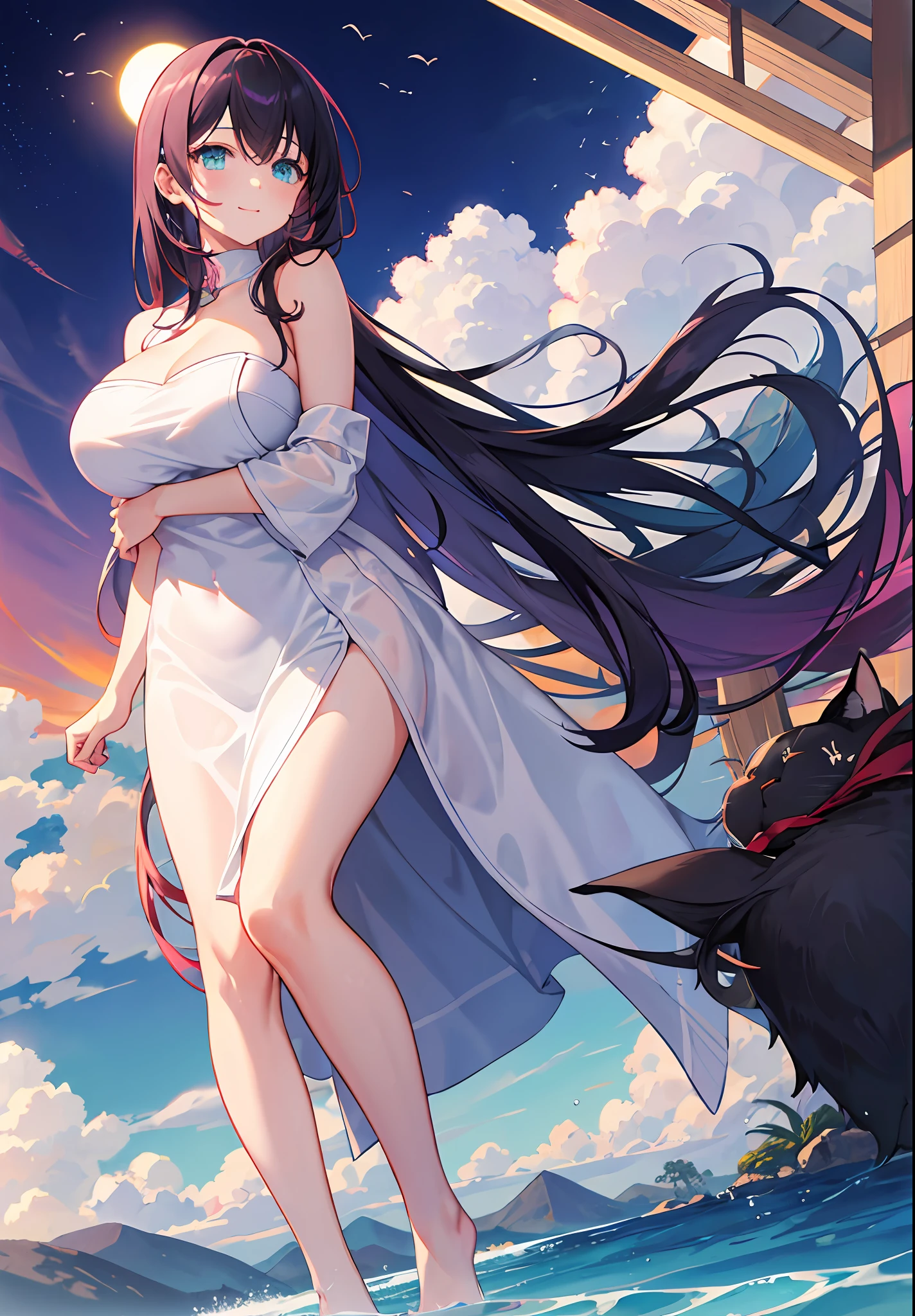 VerydetailedCG，UHD wallpaper， extremy detailed，（（（Best Quority）））， （（ultra detali））， 1girl huge large breasts， Animal_oren， Black_Hair， Blue_Eyes， Large breasts， cat_oren，（Naked_Towels）， the clouds， Cloudy_Sky， crepuscular， nights， Gradient_Sky， horizon， Looking_At_peeping at the viewer， makeups， mediating_breasts， Aqua Eye， woven， Eau， droplets of water， mont， mountainous_horizon， navels， the ocean， Orange_Sky， exteriors， Palm_tree， The purple_Sky， Red_Sky， short_Hair， Sat down， skyward， ssmile， 独奏， suns， sunraise， sun setting， Towels， The tree， at twilight， Eau