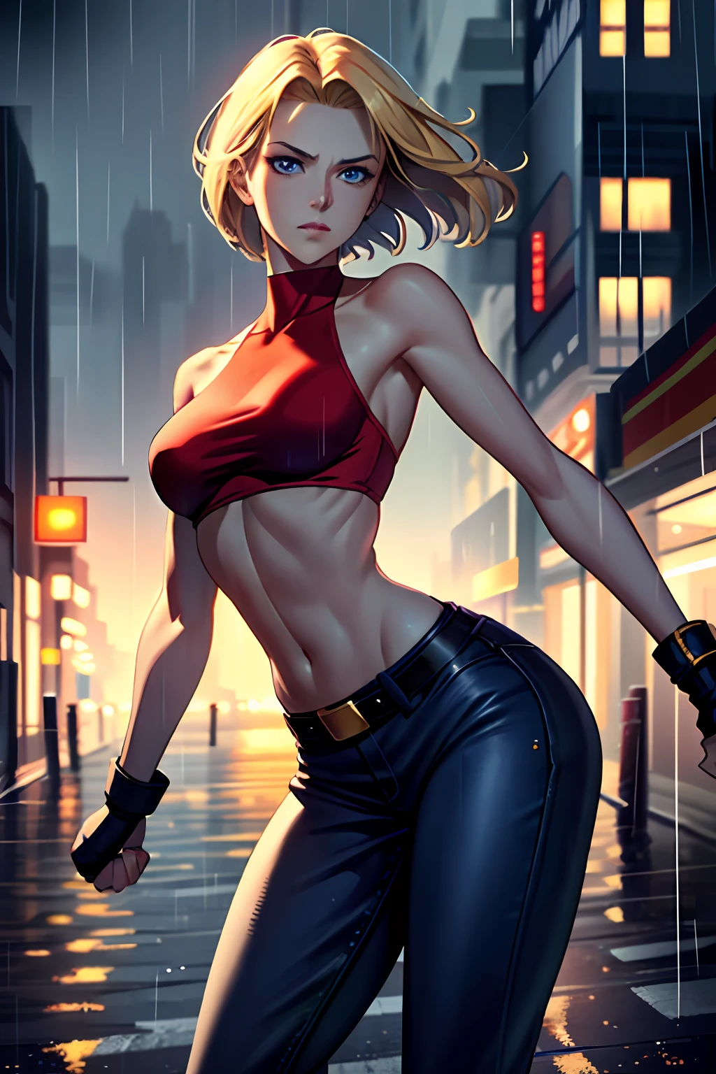 maryms, best quality, (beauty), masterpiece, 1 girl, render based on physics, ultra highres, narrow waist, thin, big eyes, long legs, (small breasts), swollen eyes, night, (rainy city), bright skin, facing the viewer, fighting posture, (close the fist), firm expression,