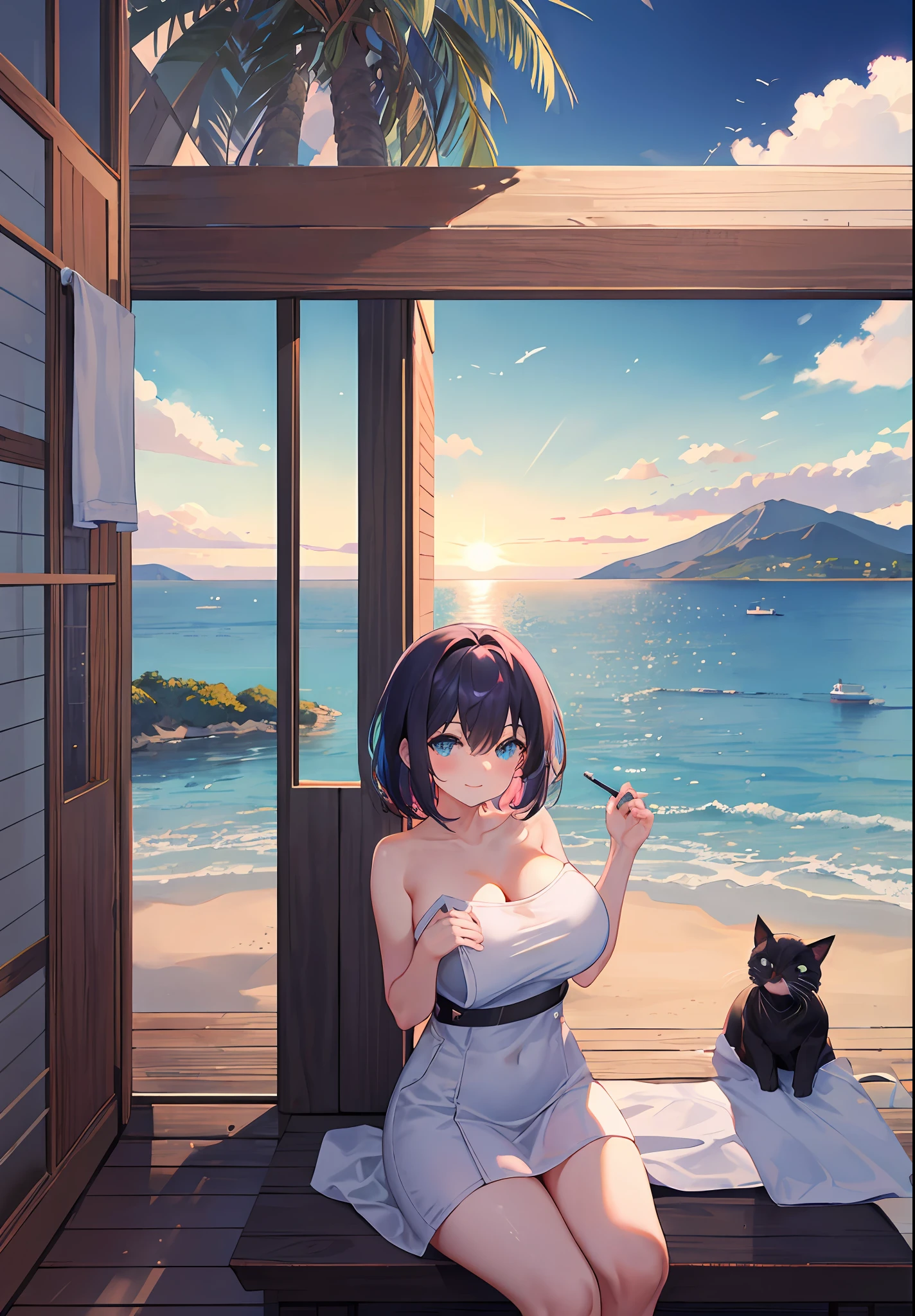 VerydetailedCG，UHD wallpaper， extremy detailed，（（（Best Quority）））， （（ultra detali））， 1girl huge large breasts， Animal_oren， Black_Hair， Blue_Eyes， Large breasts， cat_oren，（Naked_Towels）， the clouds， Cloudy_Sky， crepuscular， nights， Gradient_Sky， horizon， Looking_At_peeping at the viewer， makeups， mediating_breasts， Aqua Eye， woven， Eau， droplets of water， mont， mountainous_horizon， navels， the ocean， Orange_Sky， exteriors， Palm_tree， The purple_Sky， Red_Sky， short_Hair， Sat down， skyward， ssmile， 独奏， suns， sunraise， sun setting， Towels， The tree， at twilight， Eau