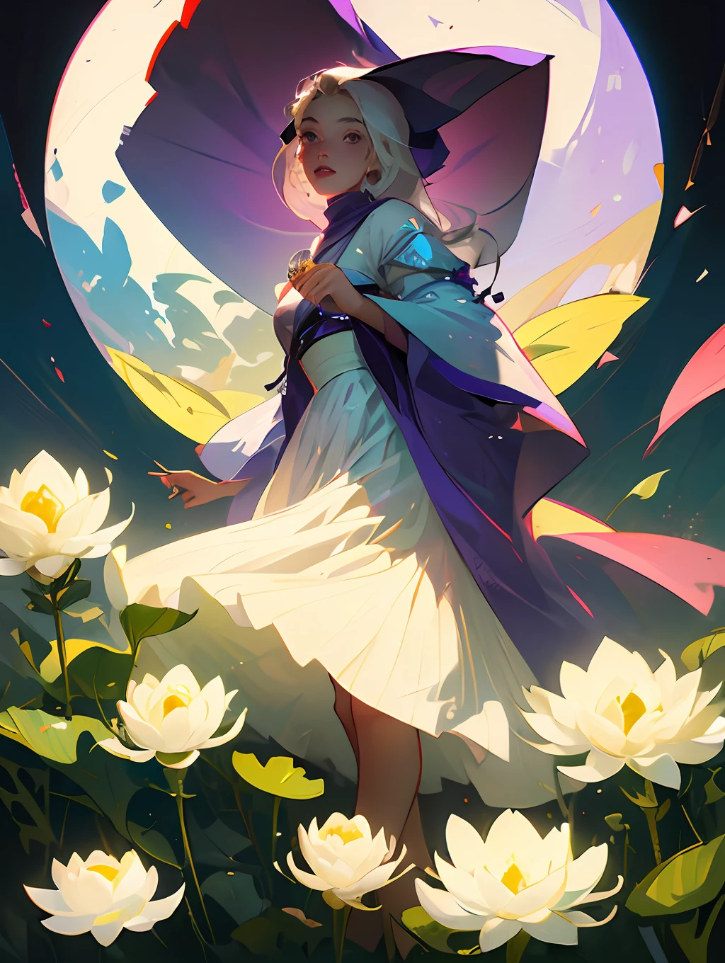 of a guy,long white hair,Purple eye,Stand by the pool,There are white lotus flowers in the pool,Look down at the flowers,Reach out and pick flowers,There is a big moon in the sky,full bodyesbian,Man wearing white dress,High picture quality,16k,Need,The light is hazy,Holy --auto