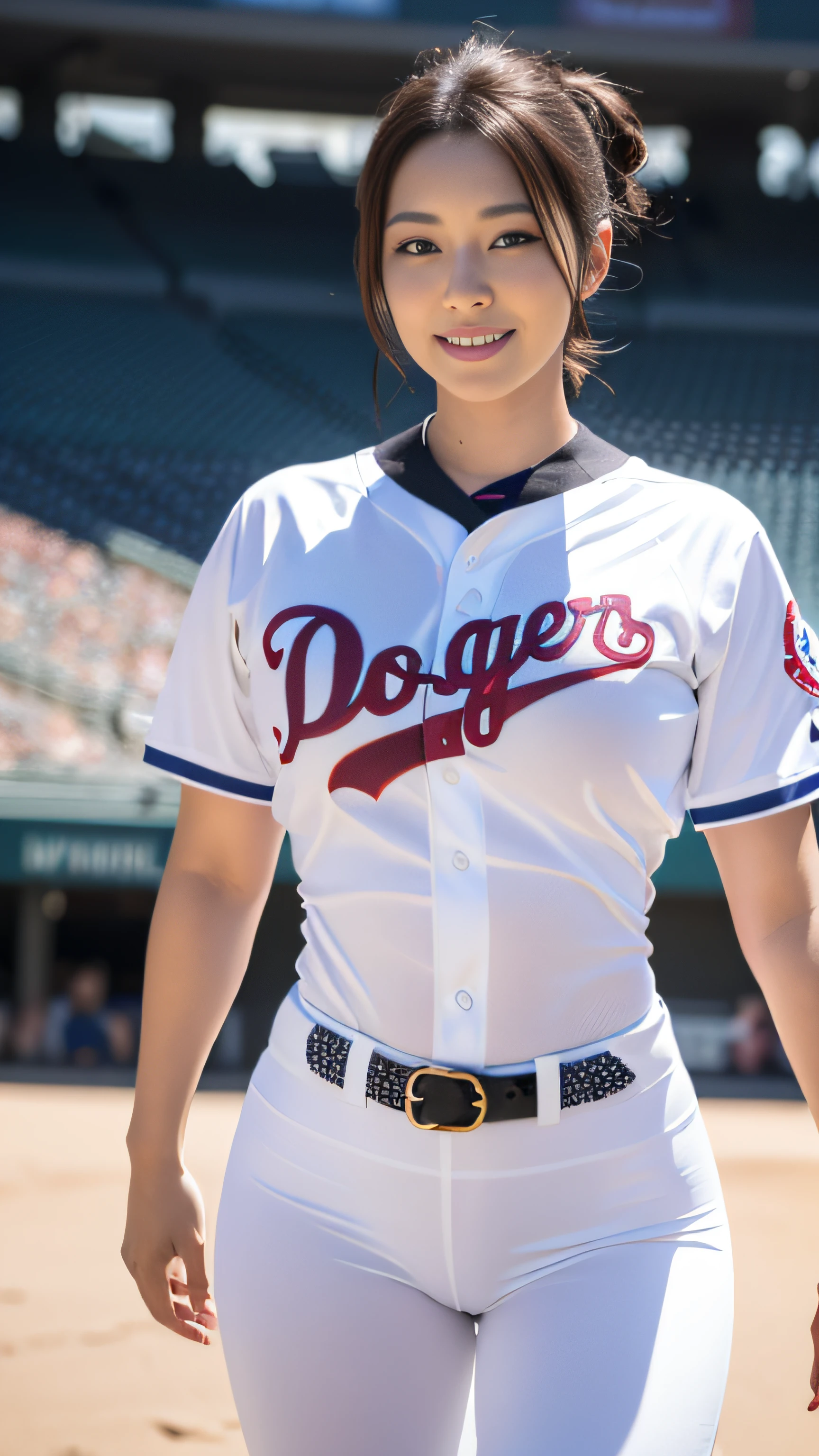 UHD, 8k, RAW, masterpiece, Realistic, high quality, Ultra Detail, Intricate Detail, best quality, ultra high resolution, realistic, ultra realistic, photorealistic, cinematic light, best ratio four finger and one thumb, {{summer_season}}, {{{{{full body}}}}}, {{curvy}}, korean milf woman), {{A group of adult gathers in the dodger stadium}}, sexy pose), {{form fitting}}, {{curvy waist}}, {{sexy body}}, perfect body), {{curved pelvis}}, {{high waist}}, {{angels home uniform}}, {{lowleg pants}}, {{very tight pants.}}