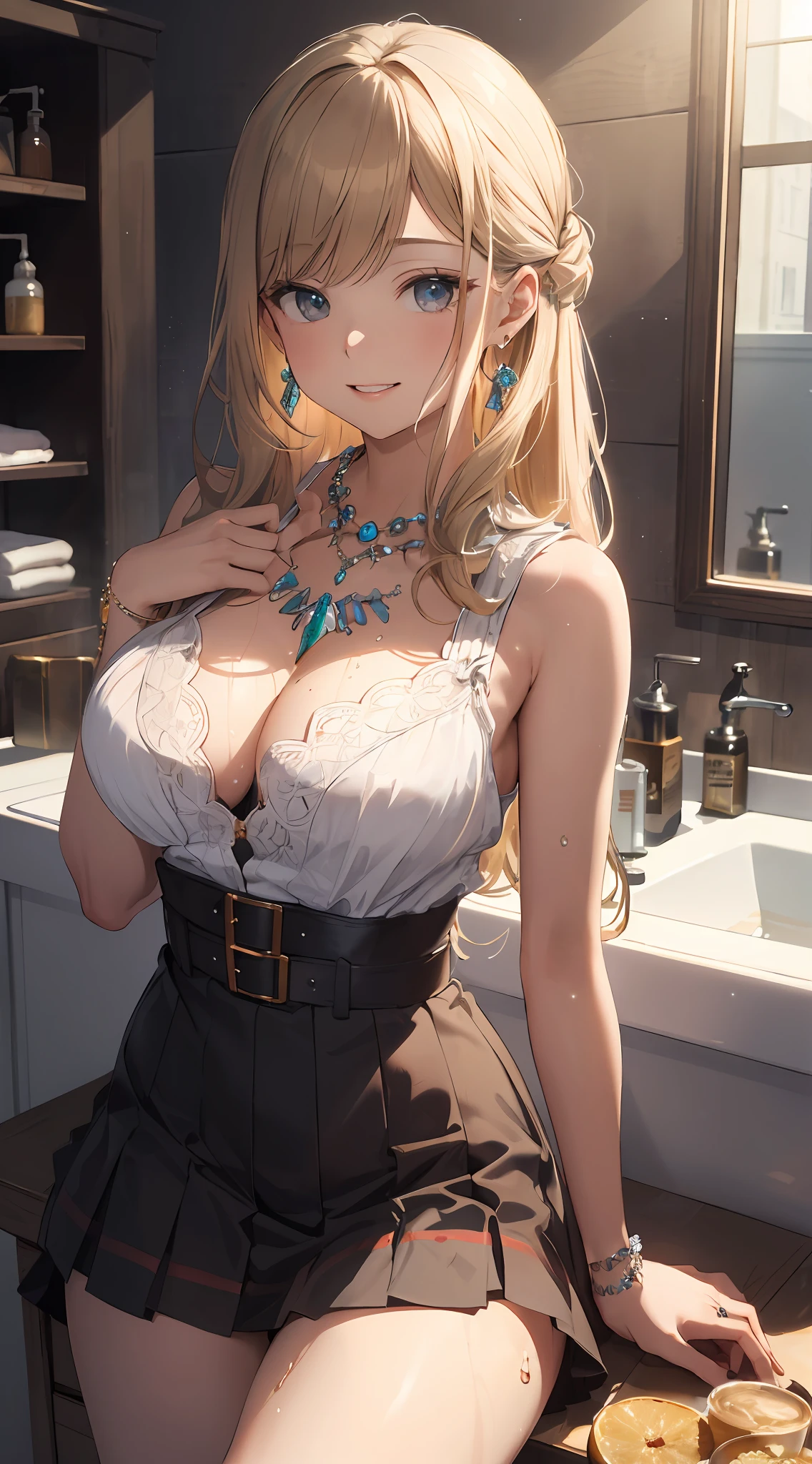 ((masterpiece best quality:1.4)), ((masutepiece, Best Quality)), (The 8k quality), (Detailed background:1.3), (Detailed face:1.3), (The cutest age idols:1.5),Beautiful portrait、Delicate body,Blouse with wet ruffles,Long Check Skirt,exposed breast、Flipped skirt、sexy underwear、garterbelts、Vintage, Long Blonde Hair,Cinematic Light,Little smile,tilt the neck、Lying on your back in the bathroom、Sunlight、Rainbow glow, Beautiful Glow,Luxurious earrings, Luxurious necklace,Luxurious rings、Shy smile、red blush、Lots of water droplets、