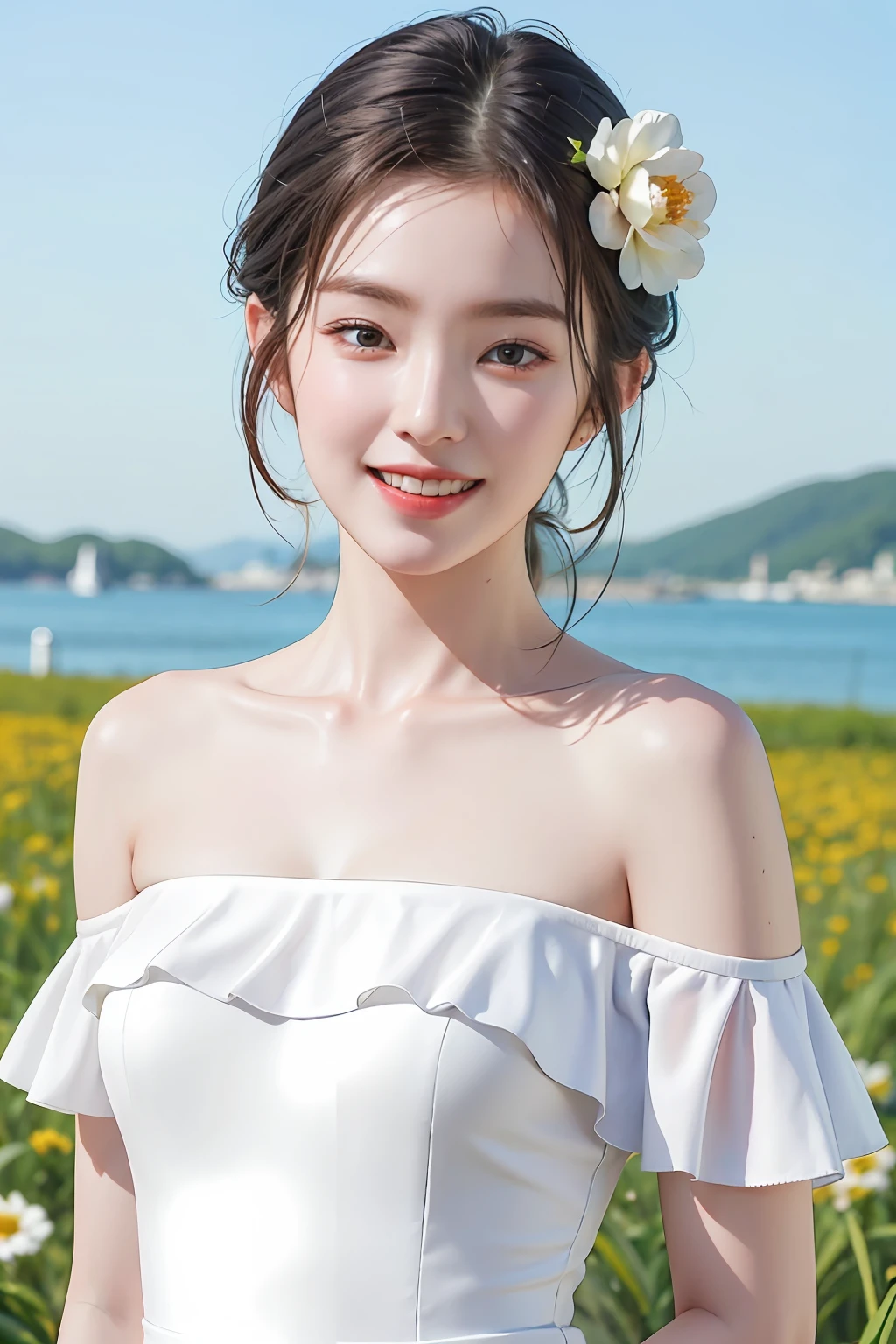 Best quality, masterpiece, ultra high res, (photorealistic:1.4), raw photo, 1girl, white dress, off shoulder, blossom flower field, glowing skin, light smile