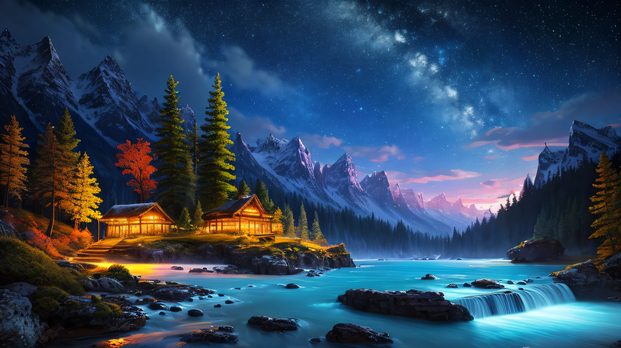 mountain ranges,large moon,borgar,Fantastic starry sky,small stream,Beautiful painting style,the night --auto
