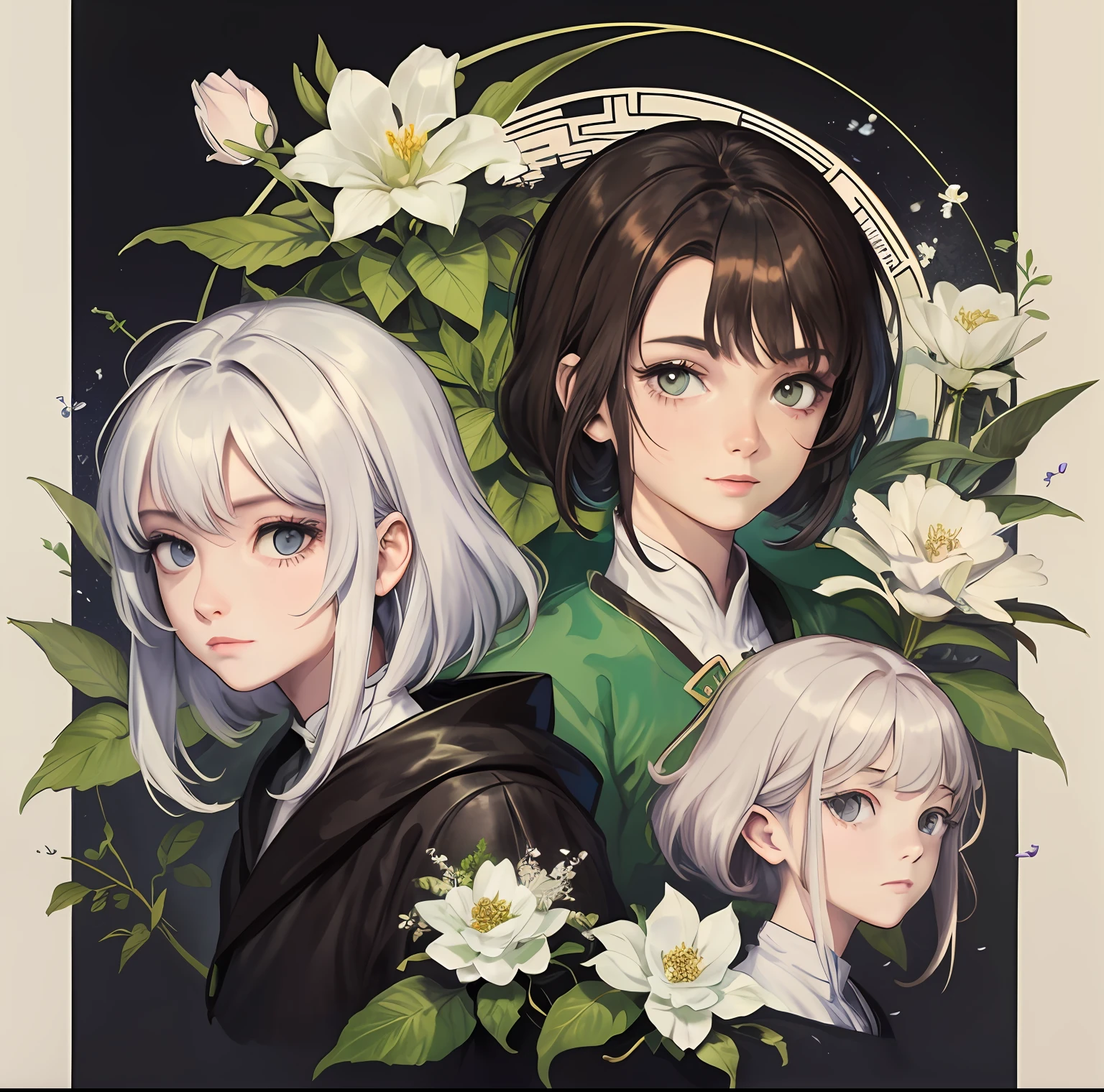 Botanical Art Book,Half-bodied,Moon-gray hair,Different angles,Plants that look like human faces,Pink petals