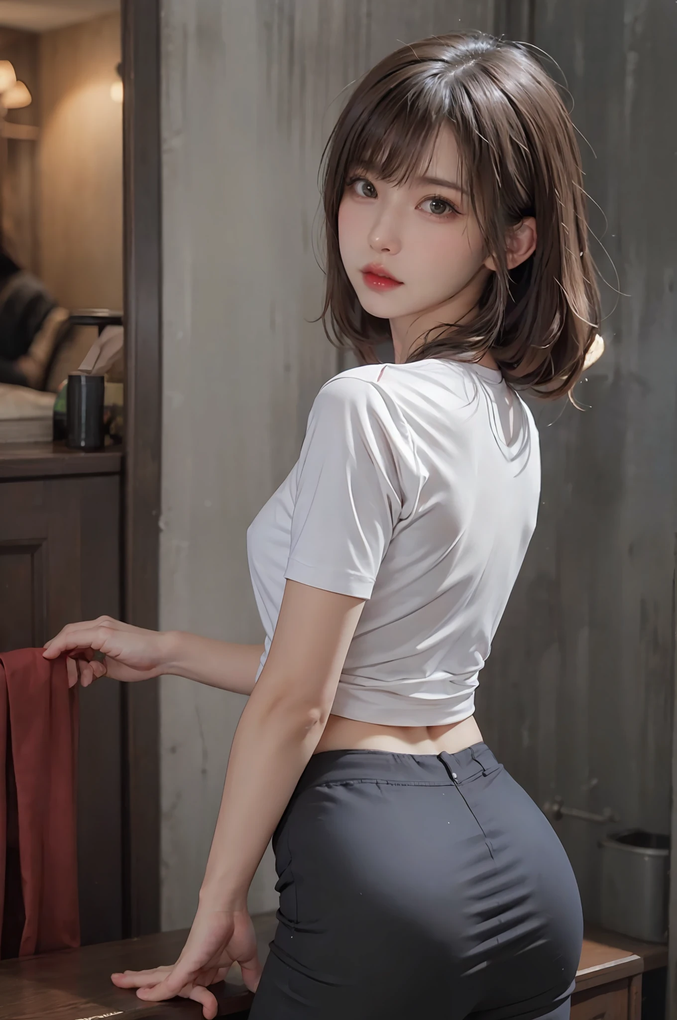 Black hair, Super Detail、sideways Facing、Looks Back、Tight shirt、tight skirts, surrealism, 8K、full bodyesbian、cowboy shot、Ordinary chest