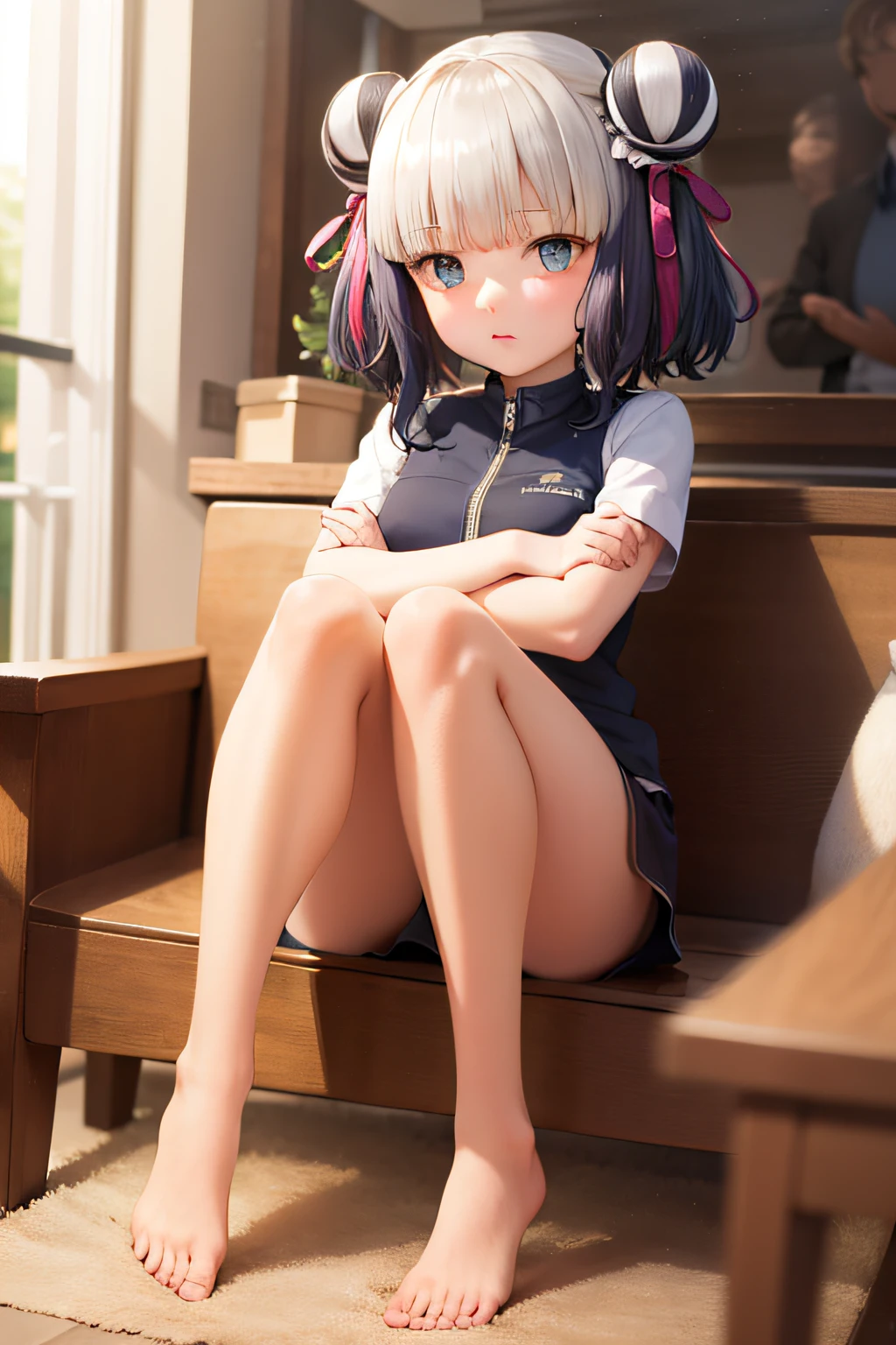 tmasterpiece,best qualtiy:1.2),Lori sits,独奏,1girll,green feathery hair,face expressionless,Keep one's mouth shut,looking at viewert,Crossed arms,O cabelo multicolorido,double bun hair,Double up braid,nakeness,Nasida,coda,bare-legged,revealing lower body