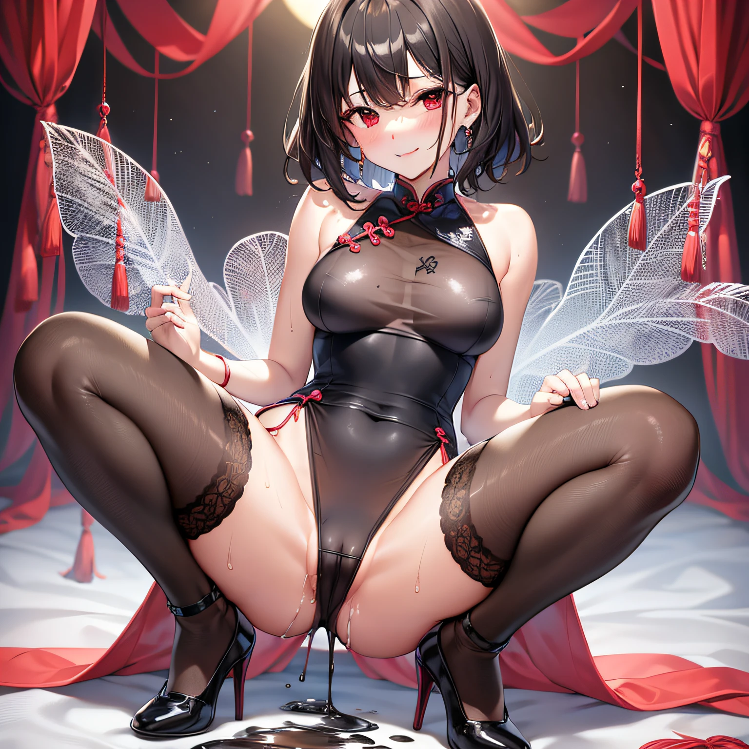 teens girl，whaite hair，bob-cut hair，curlyhair，Black silk cheongsam（see -through），Translucent clothes，???? cheongsam，Squat，Spread your legs in an，high-heeled，Red eyes，Be red in the face，ssmile，????-legged，Affectionate eyes，Grip the sheets with both hands，Wet cheongsam，Tear the cheongsam，???????????? and ?????????，The lower body is soaked in milk，Both hands pinched his ??? and broke it open，perspire