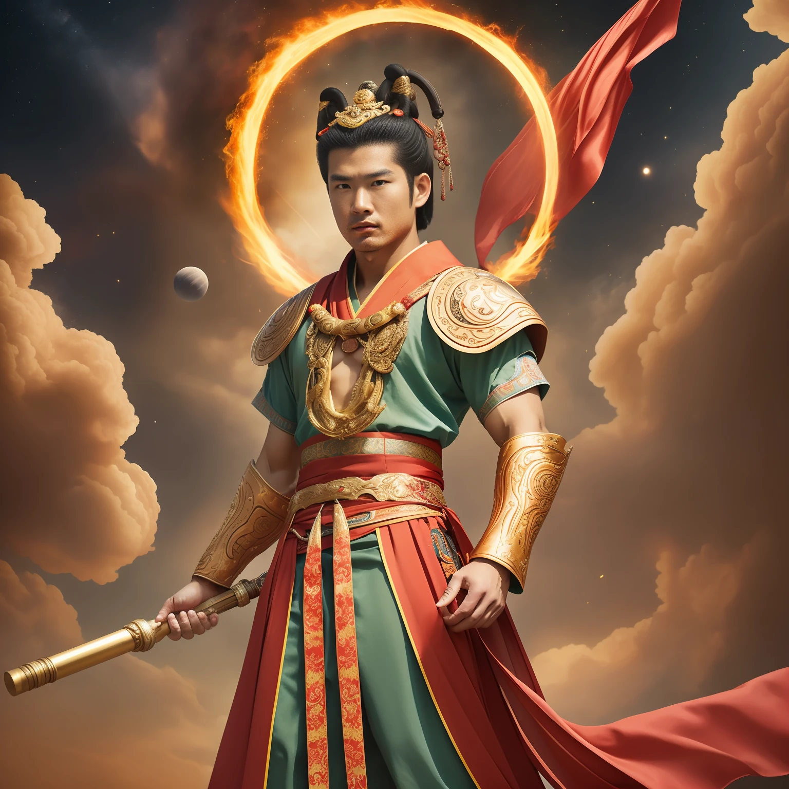 The third prince of Nezha in the Chinese classical myth Journey to the West, dressed in armor, stepped on a burning Wind and fire wheels with both feet, held the ancient weapon red tassel gun in his hand, wore a long red silk belt, and stood on the lotus platform with a circular vajra ring slanting across his body. Under the Wind and fire wheels, there were colorful auspicious clouds. His face is compassionate and solemn, the background is a space universe planet, Surrealism, ultra wide angle photography, official art, 8k, lifelike, best quality, complex details, lighting in prime time, strong edge light, dusk backlight, extremely detailed and complex details, masterpieces, RAW photos, film texture, fine details, extremely detailed and clear focus, high resolution, - q 2-v 5.1-s 750-v 5.1