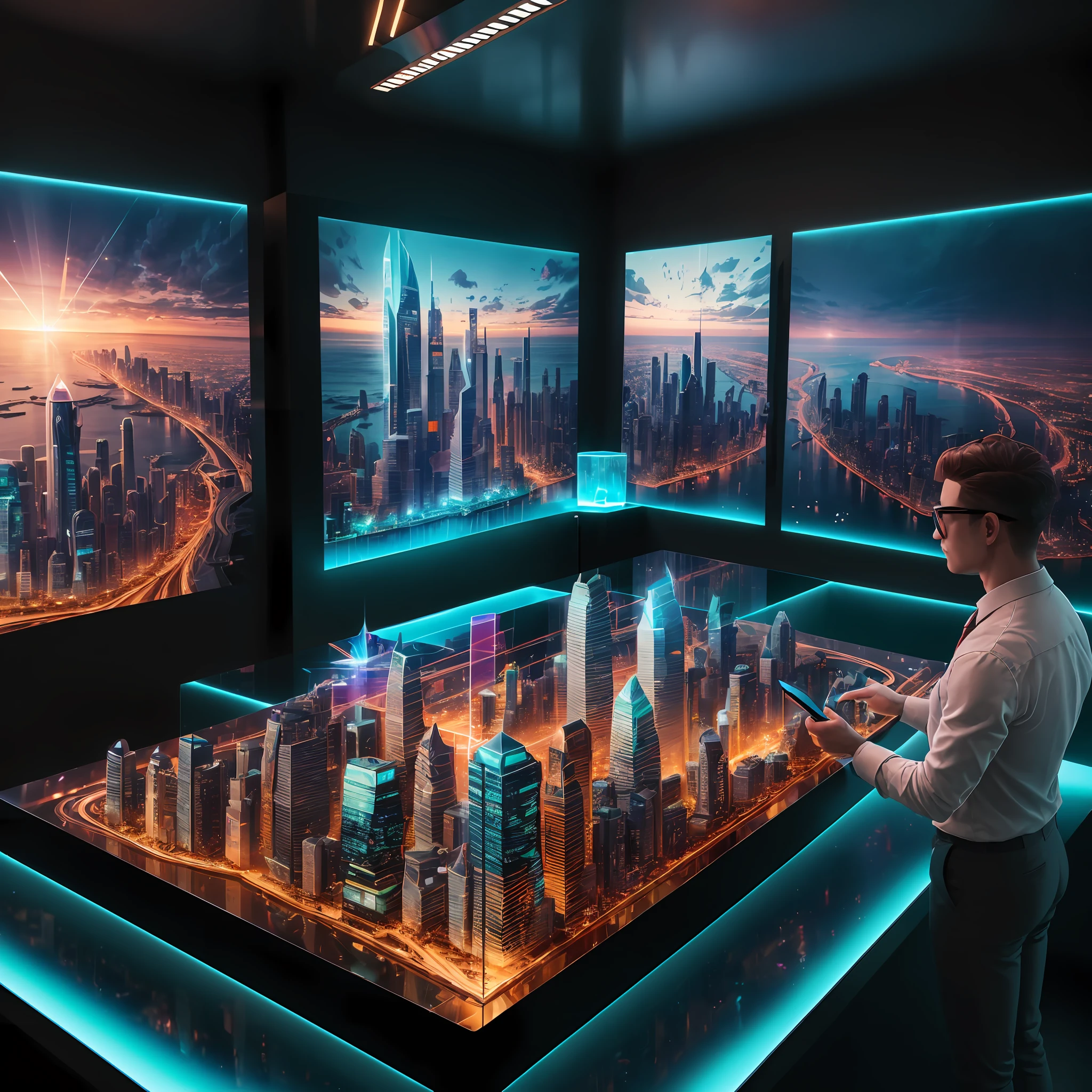 a professional standing beside a holographic City on the table, ultra translucent 3d rendering, intricate details, office atmosphere 50 --ar 3:4 --auto --s 2