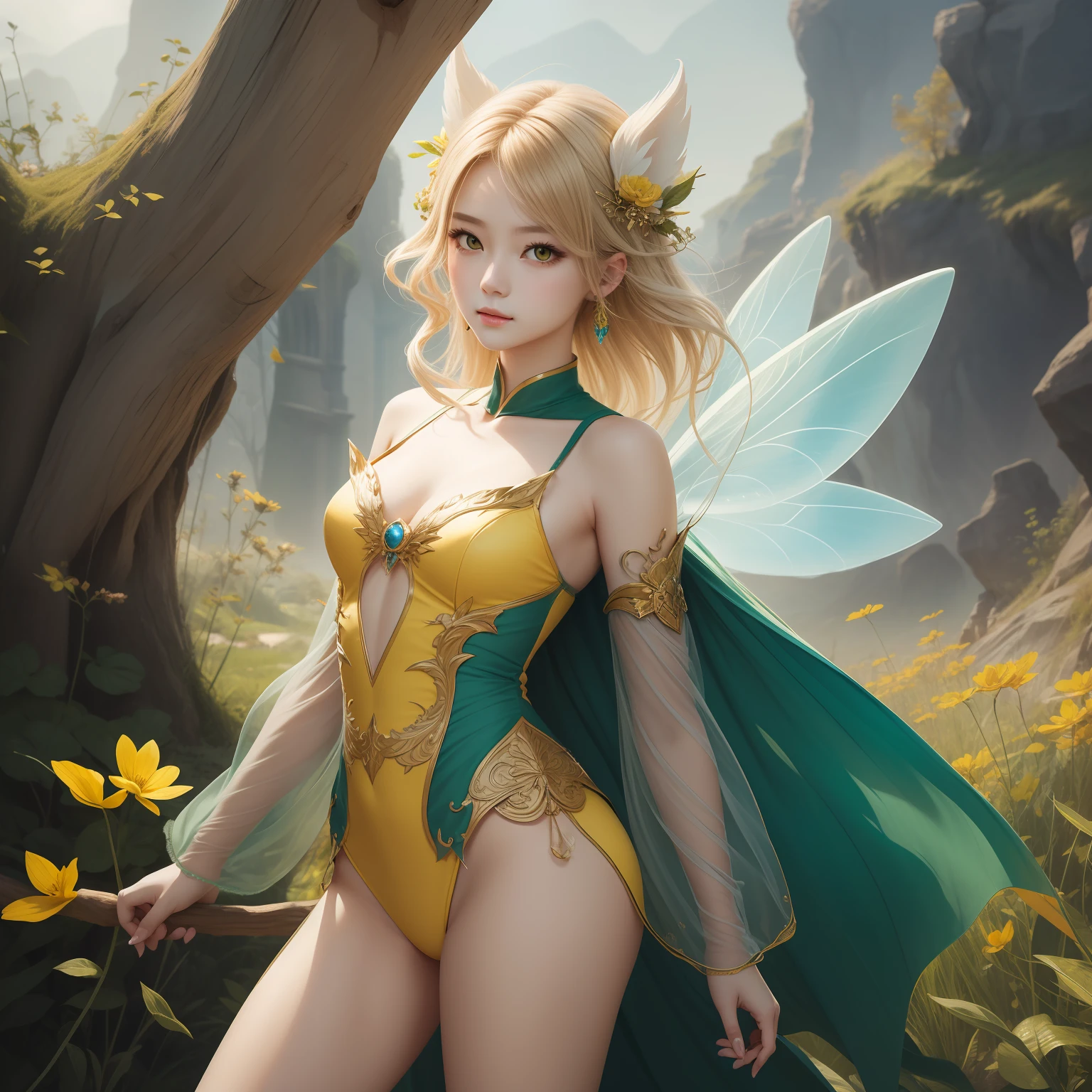 (masterpiece)8K分辨率、top-quality、Flying Wind Fairy、Green head hair、Yellow eyes、Hazel eyes、Delicate body、fantasy-inspired