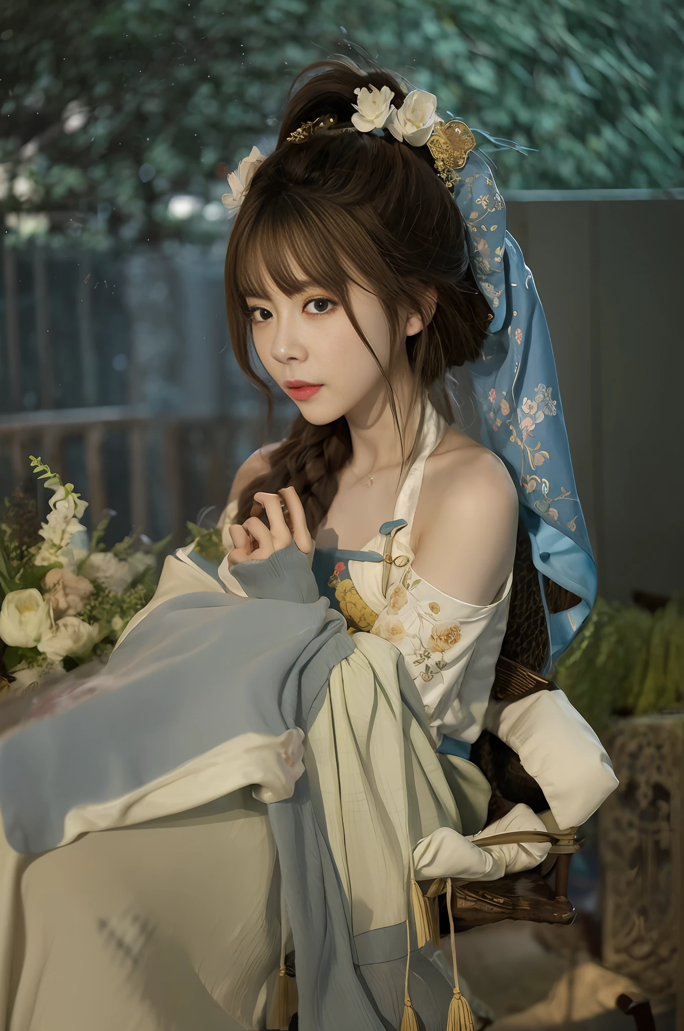 In the flower field sat a woman in a dress, Palace ， A girl in Hanfu, Guviz, Guviz-style artwork, Hanfu, By Leng Mei, Inspired by Lan Ying, White Hanfu, guweiz masterpiece, by Yang J, inspired by Chen Yifei, inspired by Jin Nong