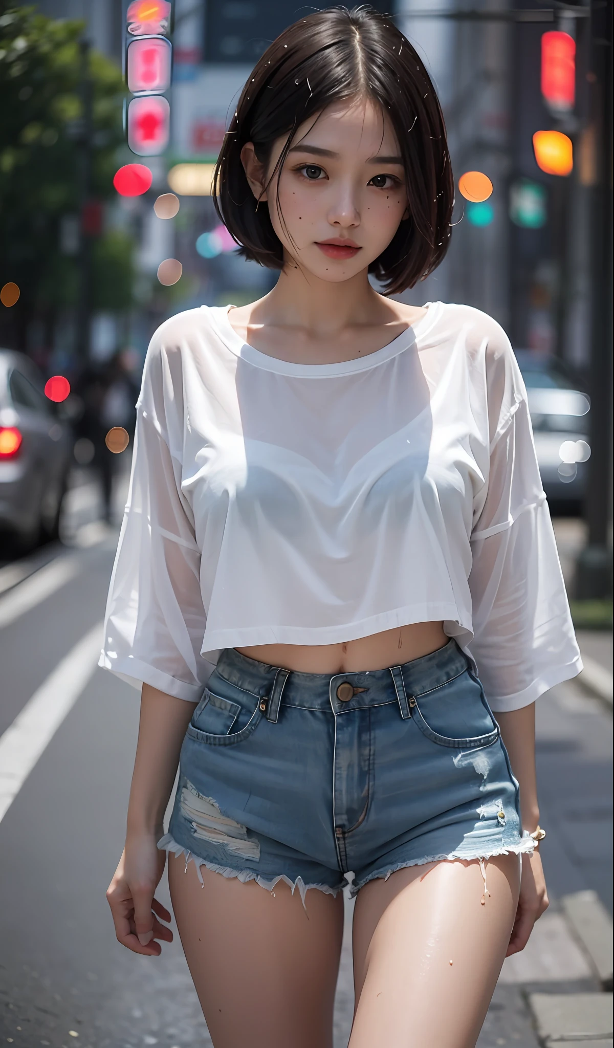((8K,best qualtiy,masterpaintings:1.3)),(Perfect figure beautiful woman:1.4),(There are split hairs:1.2),intersection,Sateen,Getting wet in the rain,White shirt,White Denim Shorts,Wet clothes,Neon background,early evening,Drink in your hands,Look into the camera,(Full body photo:1.4),Solo,smil,Charming,Short Hair Hair,Exquisite facial features,二重まぶた,Moles in the corners of the eyes,Wet clothes,Wet hair,light and shadow texture,Texture,Physical details,abundant detail,hands behind her back
