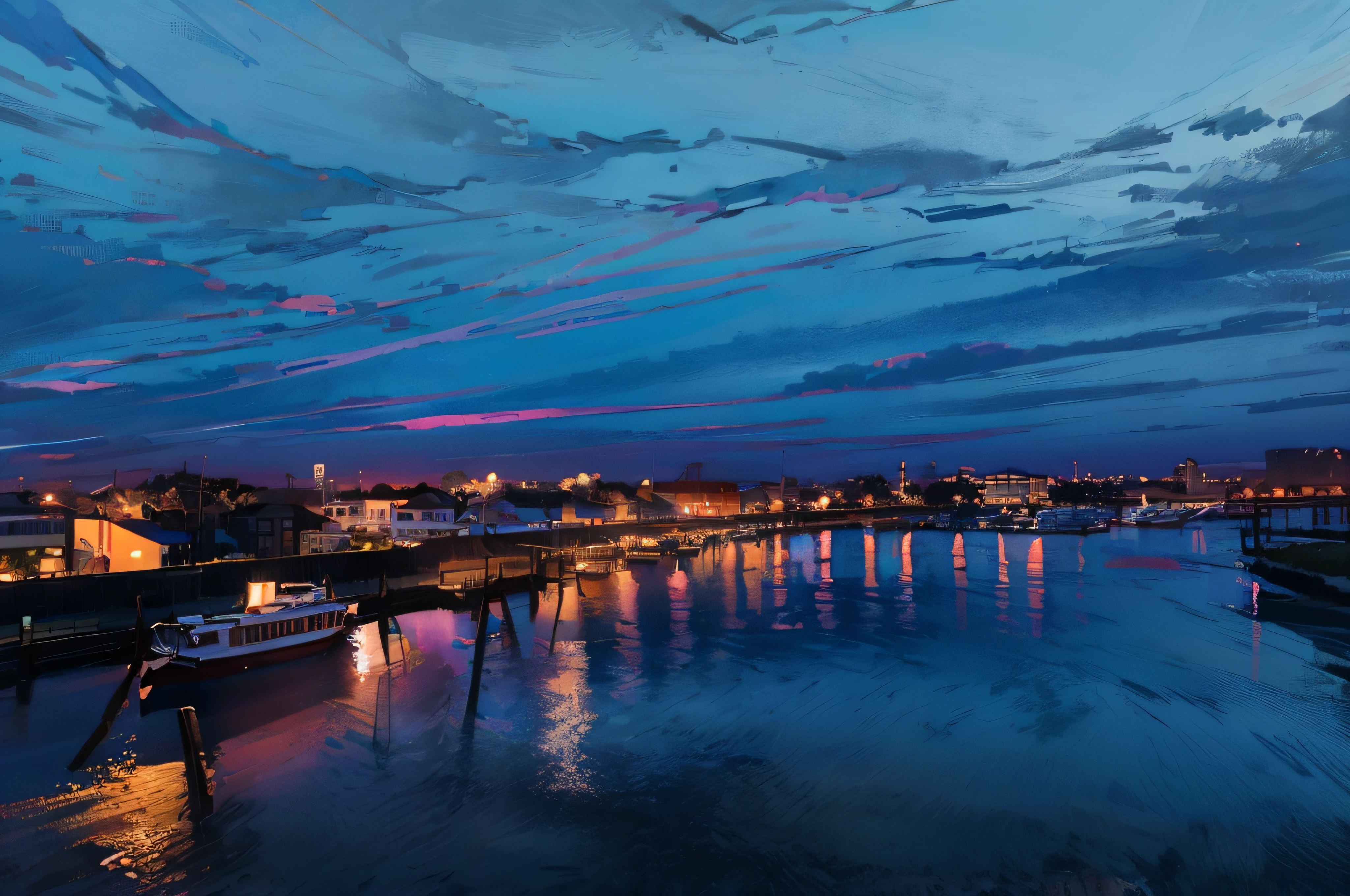 Ala fly shot of the river with boats in the water, ISO 1 0 0 Wide View, Photos taken at the Blue Hour, Night time, New Orleans, during night, scenic view at night, night shot, photo taken at night, by Emanuel Witz, At night, surrounding the city, expansive view, night setting, blue hour photography, Night view, Wide View