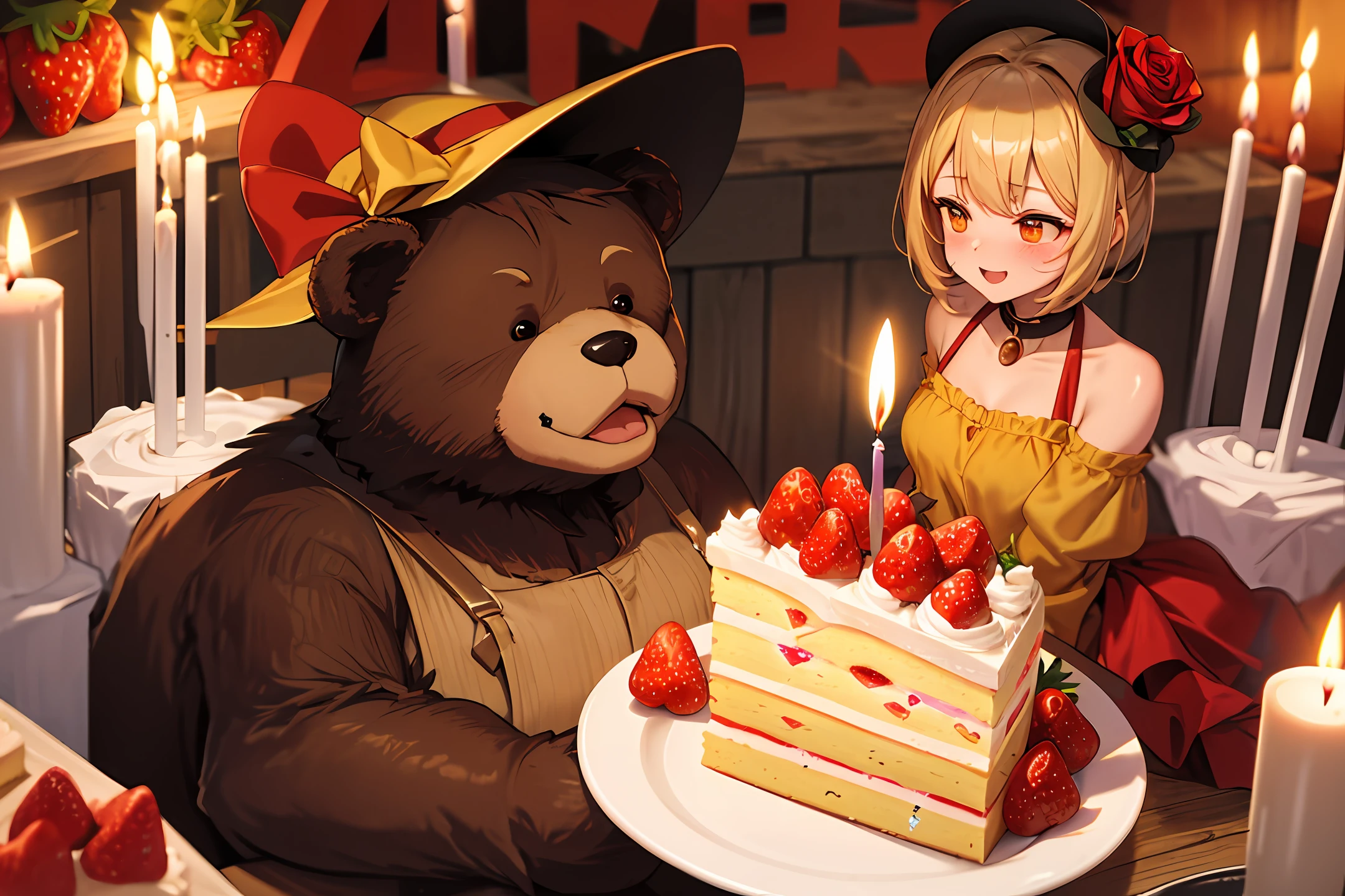 A piece of cake，Rose red ，It has yellow piping on it，A circle of strawberries，A bear in a birthday hat is in the middle，It says happy，Golden candles