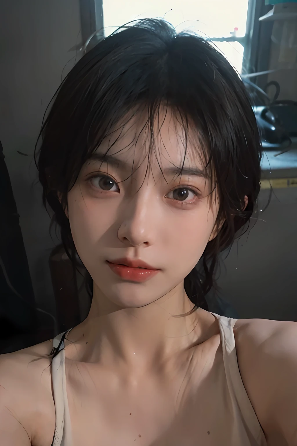 8K, Best Quality, Masterpiece, Ultra High Resolution, (Realism: 1.4), Original Photo, (Realistic Skin Texture: 1.3), (Film Grain: 1.3), (Selfie Angle), 1 Girl, Beautiful Eyes and Face Details, Masterpiece, Best Quality, Close-up, Upper Body, Looking at the Viewer