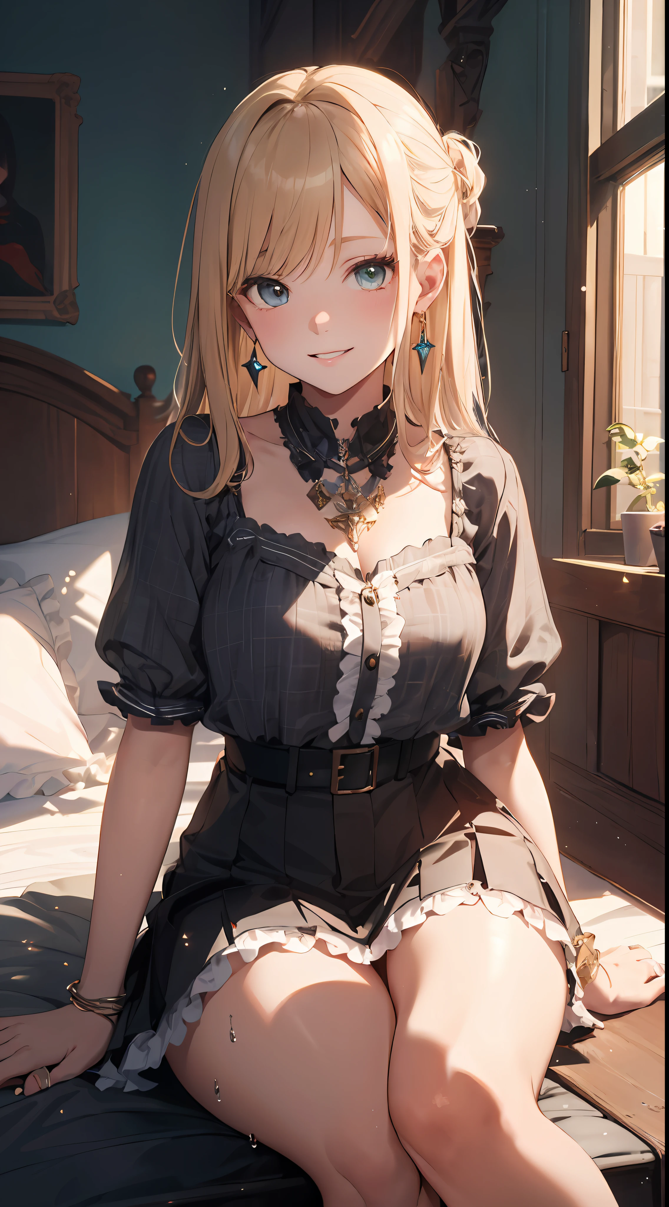 ((masterpiece best quality:1.4)), ((masutepiece, Best Quality)), (The 8k quality), (Detailed background:1.3), (Detailed face:1.3), (The cutest age idols:1.5),Beautiful portrait、Delicate body,Blouse with wet ruffles,Super Mini Check Skirt,Exposed udder、Flipped skirt、sexy underwear、garterbelts、Vintage, Long Blonde Hair,Cinematic Light,Little smile,tilt the neck、Plush bed、laying on back、Sunlight、Rainbow glow, Beautiful Glow,Luxurious earrings, Luxurious necklace,Luxurious rings、Shy smile、red blush、