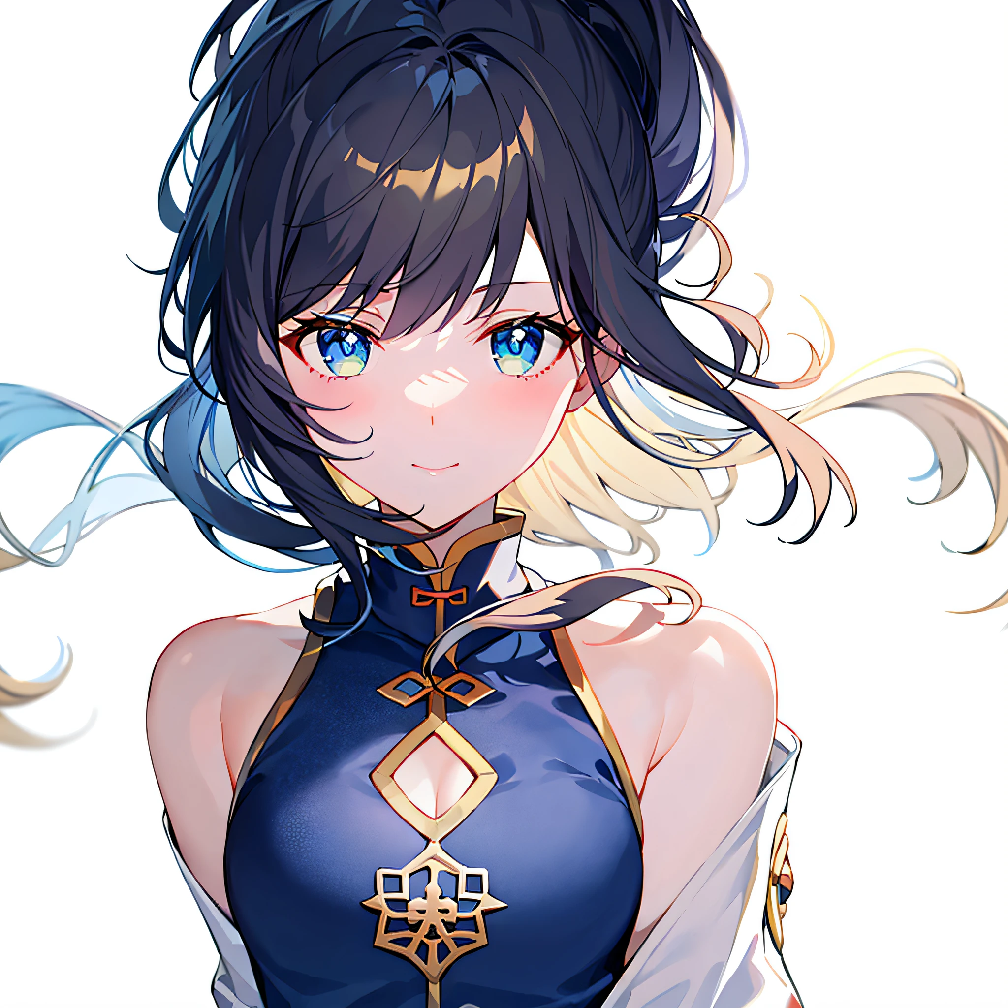 Blue sky and blue-green sea,Golden sandy beach,The girl wears a white coat,Wear a black cheongsam underneath,The silky black hair is blown away by the wind to the right