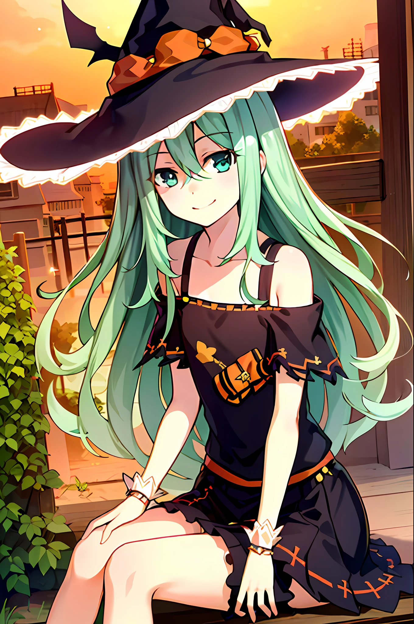 (masterpiece:1.1, best quality, highly detailed), dynamic angle, 1girl, natsumi normal spirit, flat chest, sitting, cute, smile, old town, orange sky, witch, skirt