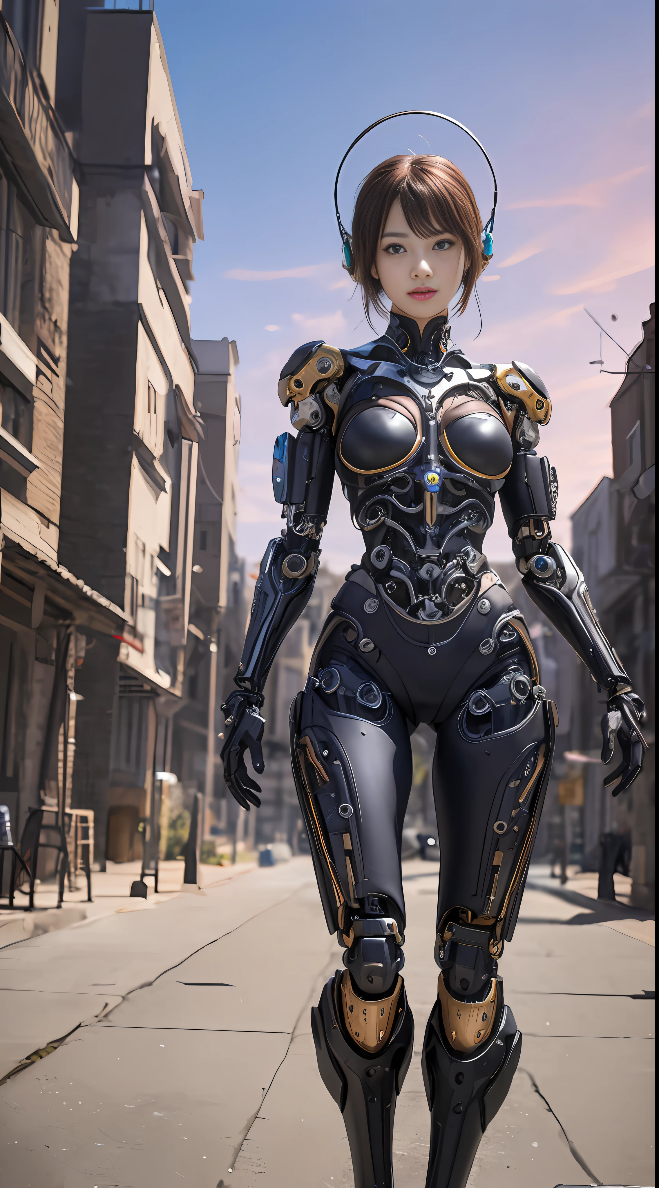 Cute young biomechanical steampunk cyborg woman realistic movie shallow focus scene, her full body standing with a fluid movement in a simple barren place with stunning cloudscape and a sunset.Gothloli details、Hydraulic cylinder、meter、
Futuristic headset、
(wearing futuristic clothing (tangerine:0.3) cropped jacket and low cut jeans on top:1) of her (intricately detailed anatomical sculpted biomechanical graphite cyborg arms, intricately detailed anatomical sculpted biomechanical graphite cyborg torso, intricately detailed anatomical sculpted biomechanical graphite cyborg legs), (Intricately detailed anatomically sculpted biomechanical graphite cyborg grady).Futuristic headset、
(Anatomically sculpted biomechanical graphite cyborg、Embroidered with elegant and ornate details (Crystal Gemstones:1.5), cables, The wire and green microchip are、Skillfully into her female cyborg body)
Slender hot fit body with a gorgeous young round face, expressive big round eyes,
Captured with bright natural light and beautiful vibrant colors. Stunning steampunk-style 8K resolution images.
The scene has a strong heroic unconquerable mood, a masterful complete scene of the female full body standing with a happy expression.