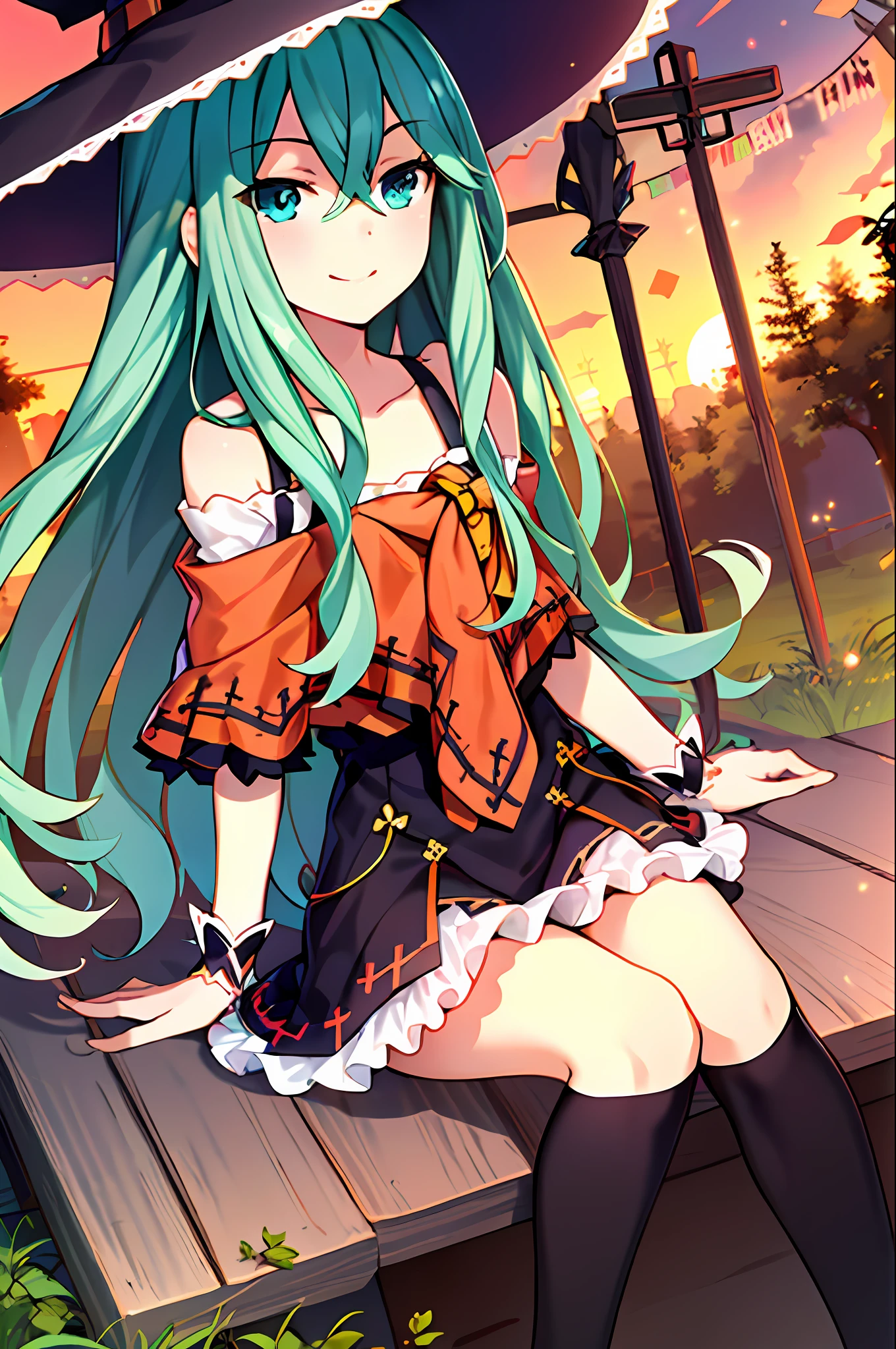 (masterpiece:1.1, best quality, highly detailed), dynamic angle, 1girl, natsumi normal spirit, flat chest, sitting, cute, smile, old town, orange sky, witch, skirt