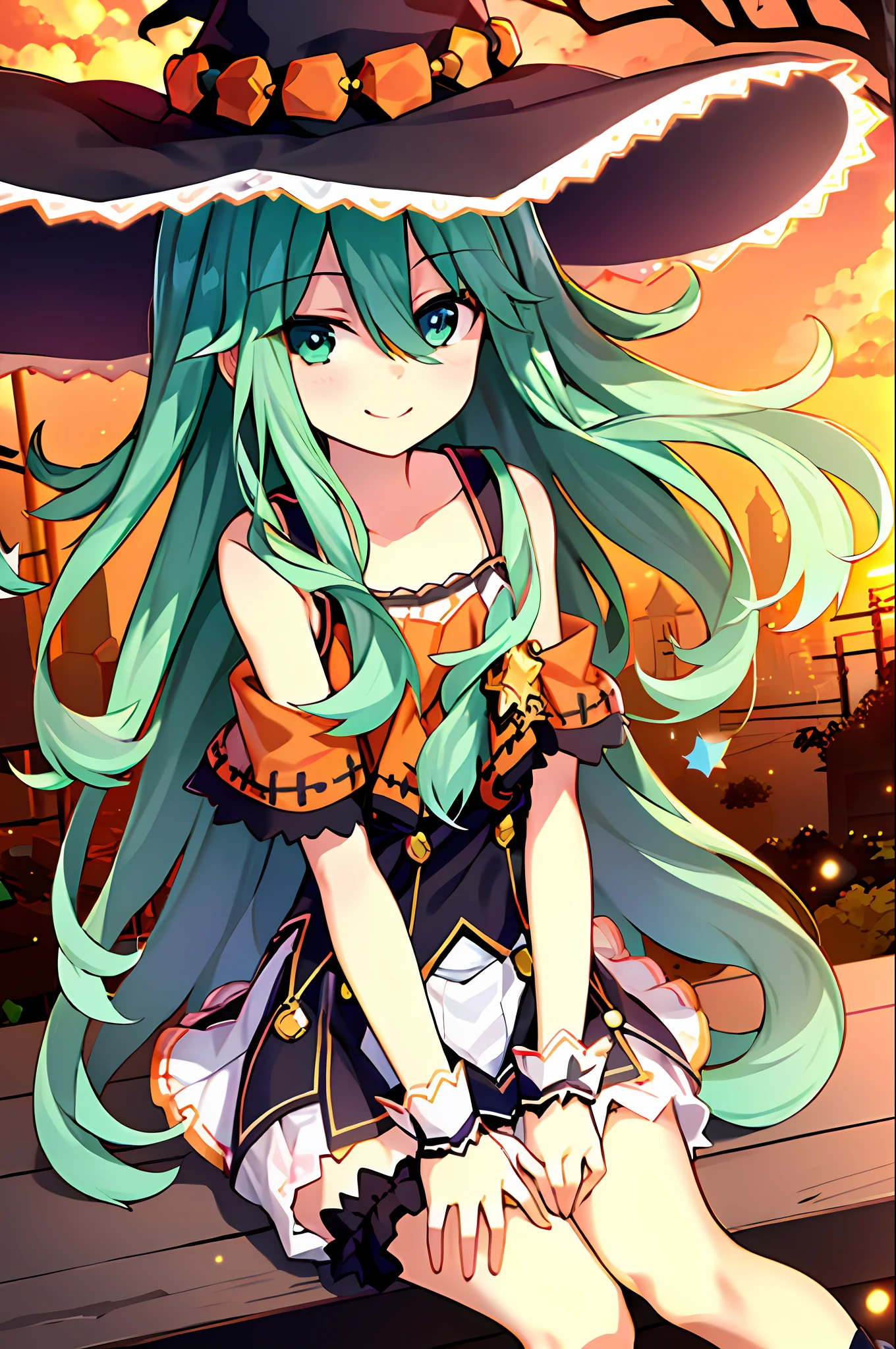 (masterpiece:1.1, best quality, highly detailed), dynamic angle, 1girl, natsumi normal spirit, flat chest, sitting, cute, smile, old town, orange sky, witch, skirt