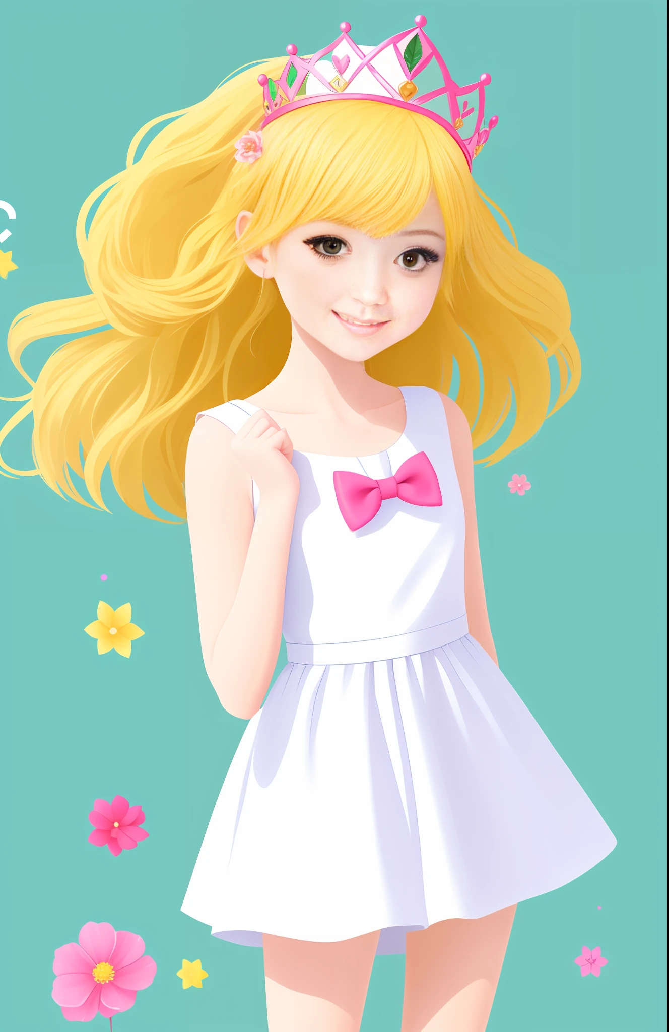 One wears a pink blouse,Short white dress,A cute maiden with a crown on her head,Worn with the pink icon,Rosy cheeks,Delicate and lovely,Short yellow hair with bows,white stockings,Small red leather shoes,Soft eyes and smile,Jump to life on paper in realistic digital drawings。