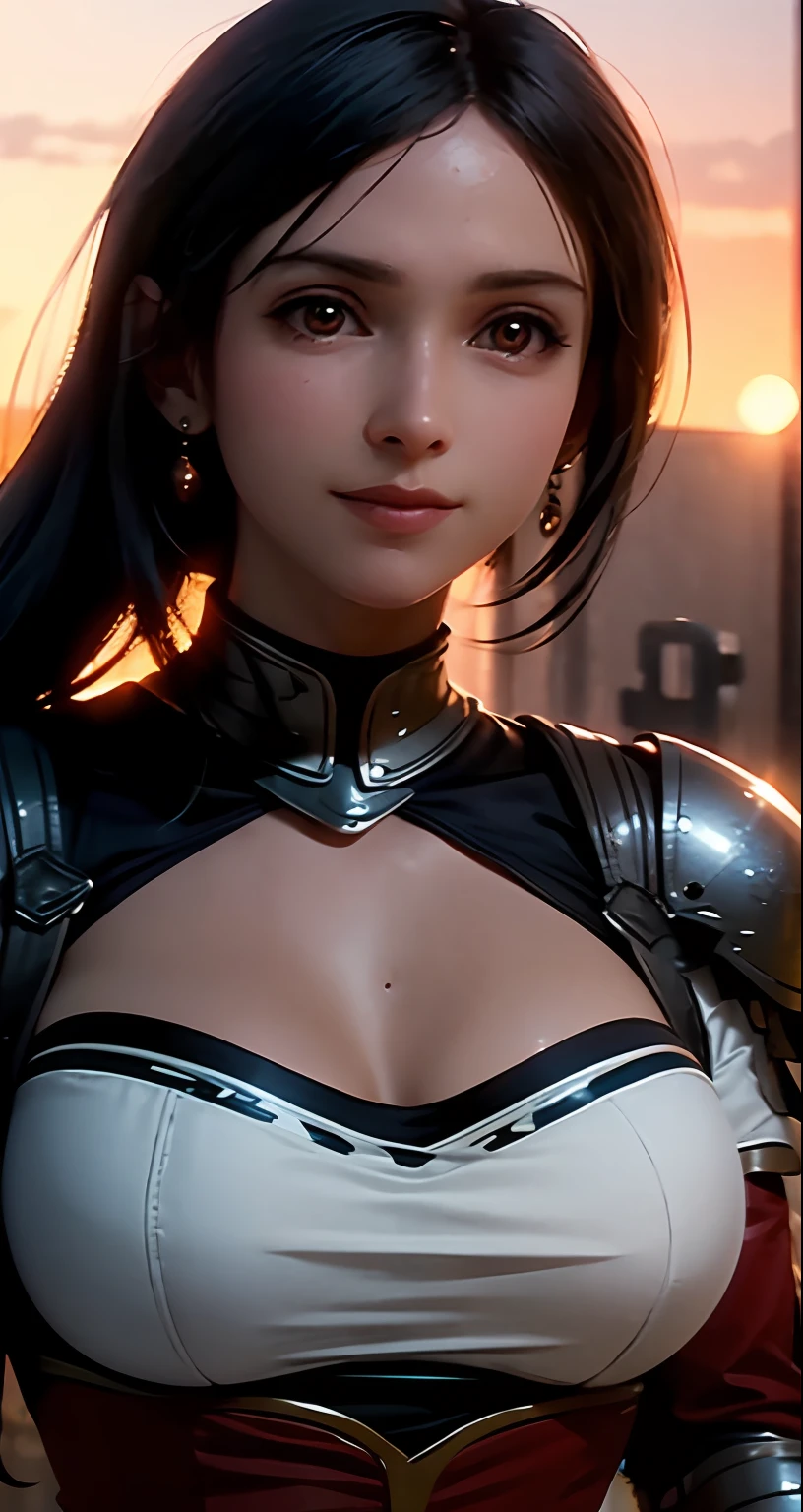 tmasterpiece,best qualtiy,cinematic Film still from,1girl,Low-cut transparent dress,Large breasts,closeup cleavage,brightly,cheerfulness,Warm and soft lighting,the sunset,(light dots:0.7)Lady Knight