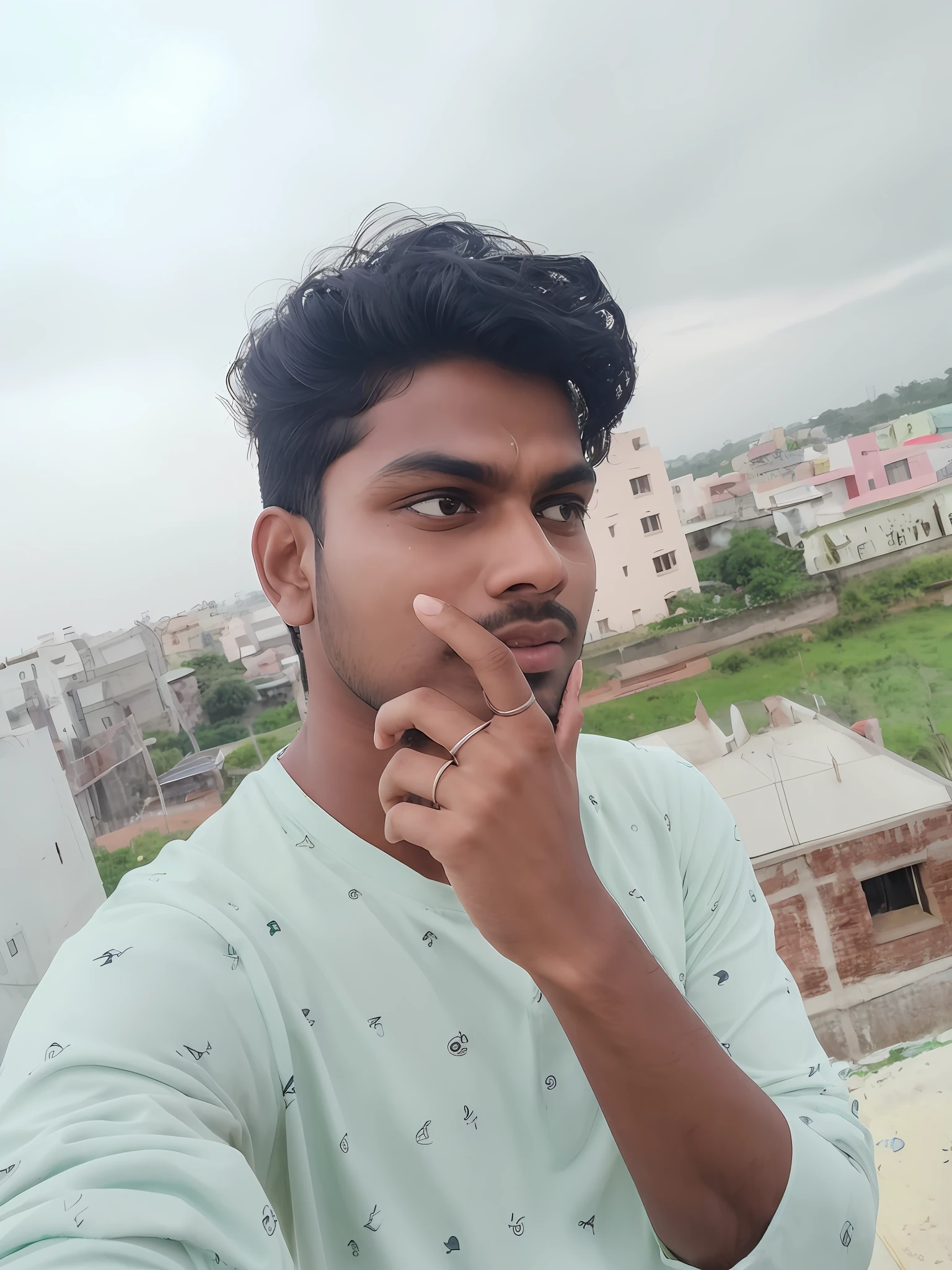 there is a man that is standing on a roof with a finger on his lips, with accurate face, 8k selfie photograph, face picture, very accurate photo, taken with sony alpha 9, very very low quality picture, jayison devadas, without helmet, shot on nikon z9, very artistic pose, good looking face, without beard, vinayak, selfie photo