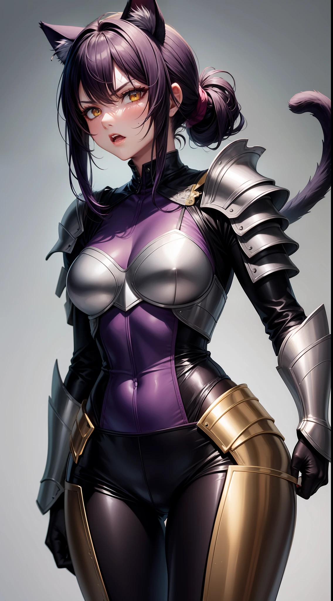 Adult woman, dark purple hair, low ponytail, golden eyes, cat ears, Tight-fitting leather armor, anger, Masterpiece, hiquality