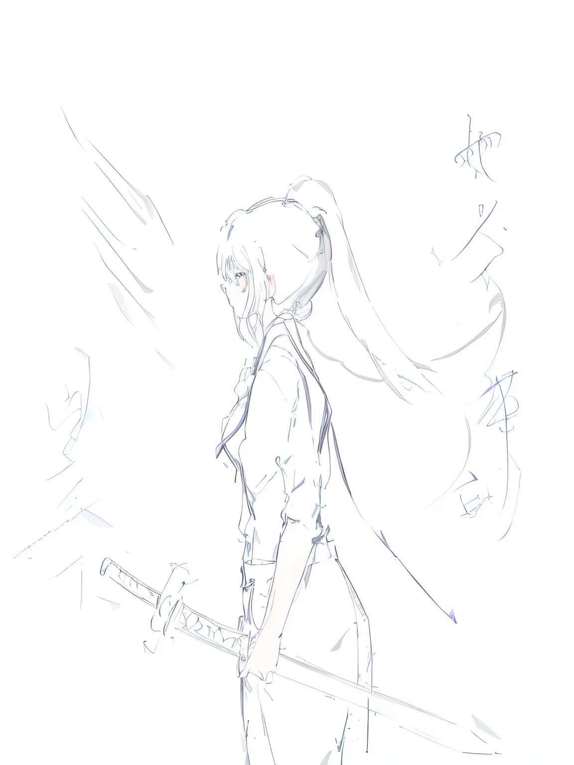 a drawing,A woman walks down the street with an umbrella, clean anime outlines, she is holding a sword, holding a sword on her shoulder, anime sketch, she is holding a katana sword, Line sketch, Rough sketch, Line sketch!!, old sketch, The long sword in her hand, unsheathing her katana, sketchy artstyle