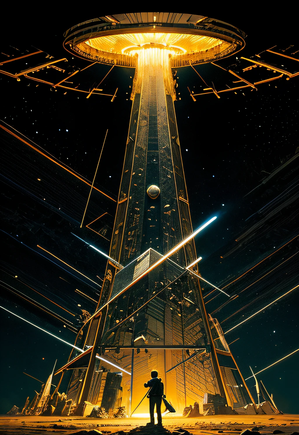 a man coming out of a spaceship like the one in Starwars, Black man. holding a mechanical pyramid with floating glowing cubes, the pyramid has some glowing lines. the cubes are radiating energy. the man is commanding the pyramid, the man is a scientist. Hyper realistic, Photography, Picture of the week, RAW, beautiful, (finely detailed skin), African skin, delivery driver, standing next to DHL stargate, in yellow-black futuristic uniform, Clouds in the background, lightning, extremely detailed,colorful,highest detailed, (dynamic pose), shiny skin, zentangle, flowers, abstract background,(masterpiece) (perfect proportion)(realistic photo)(best quality) (detailed) photographed on a Canon EOS R5, 50mm lens, F/2.8, HDR, (8k) (wallpaper) (cinematic lighting) (dramatic lighting) (sharp focus) (intricate)