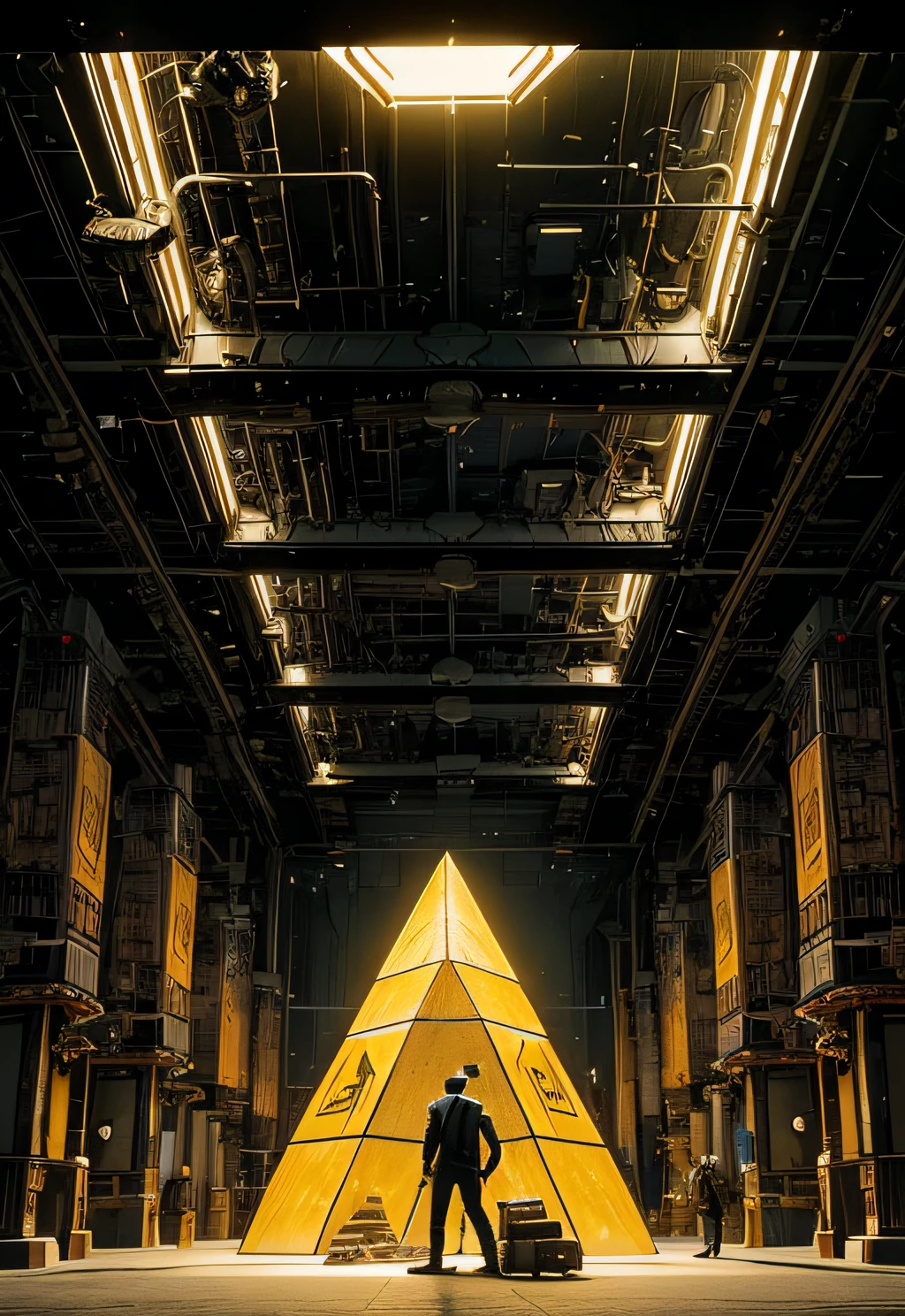 a man coming out of a spaceship like the one in Starwars, Black man. holding a mechanical pyramid with floating glowing cubes, the pyramid has some glowing lines. the cubes are radiating energy. the man is commanding the pyramid, the man is a scientist. Hyper realistic, Photography, Picture of the week, RAW, beautiful, (finely detailed skin), African skin, delivery driver, standing next to DHL stargate, in yellow-black futuristic uniform, Clouds in the background, lightning, extremely detailed,colorful,highest detailed, (dynamic pose), shiny skin, zentangle, flowers, abstract background,(masterpiece) (perfect proportion)(realistic photo)(best quality) (detailed) photographed on a Canon EOS R5, 50mm lens, F/2.8, HDR, (8k) (wallpaper) (cinematic lighting) (dramatic lighting) (sharp focus) (intricate)
