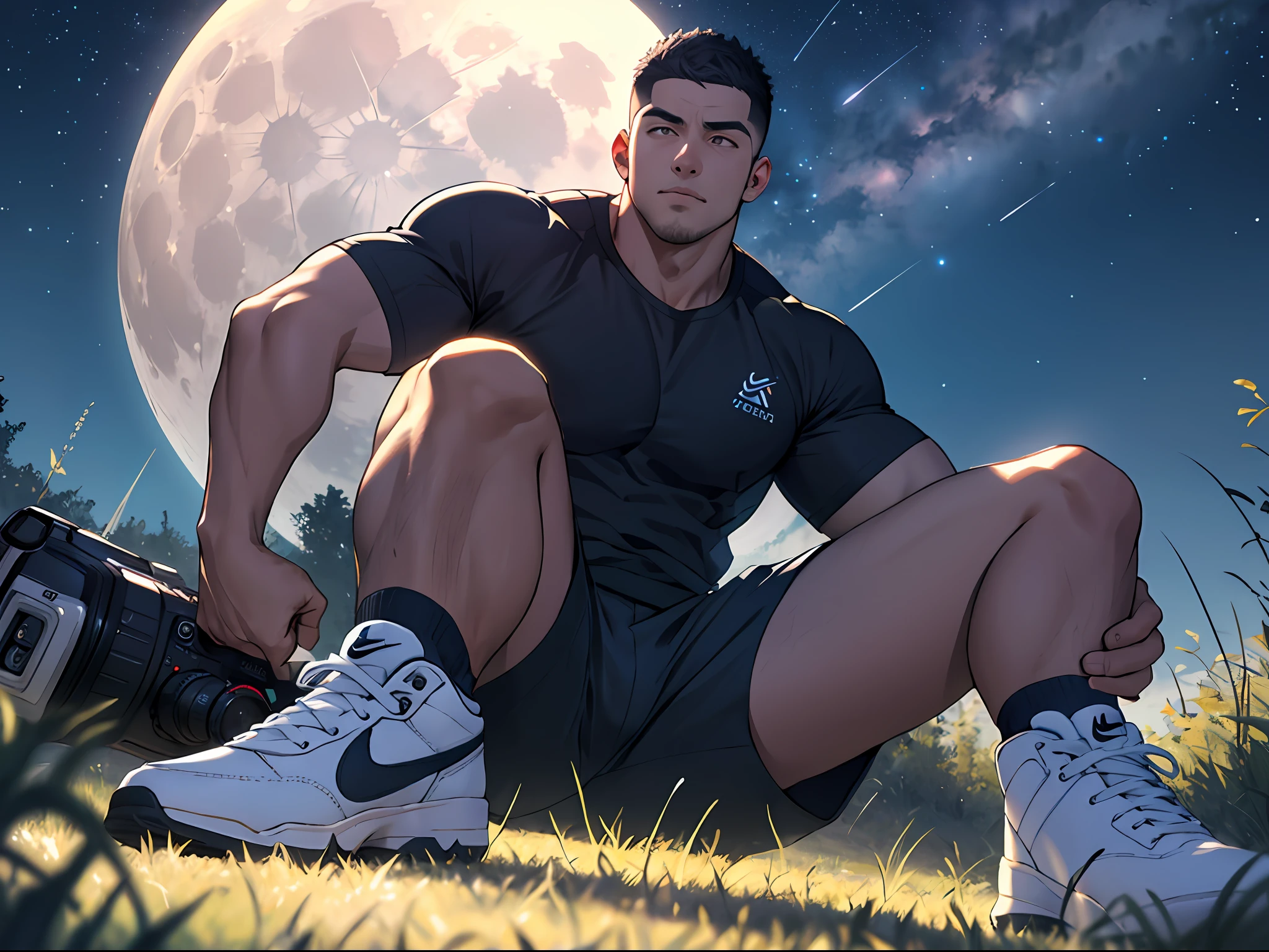 A full-fledged athlete,Sit on the prairie under the stars,He wore a T-shirt and sports shorts and Nike sneakers,The dramatic illumination of the stars illuminates the scene,The man looks confident and determined,looking-down,Crew cut,full bodyesbian,Shoot from below,big moon in background,realisticlying,photorealestic,DSLR cameras,8k