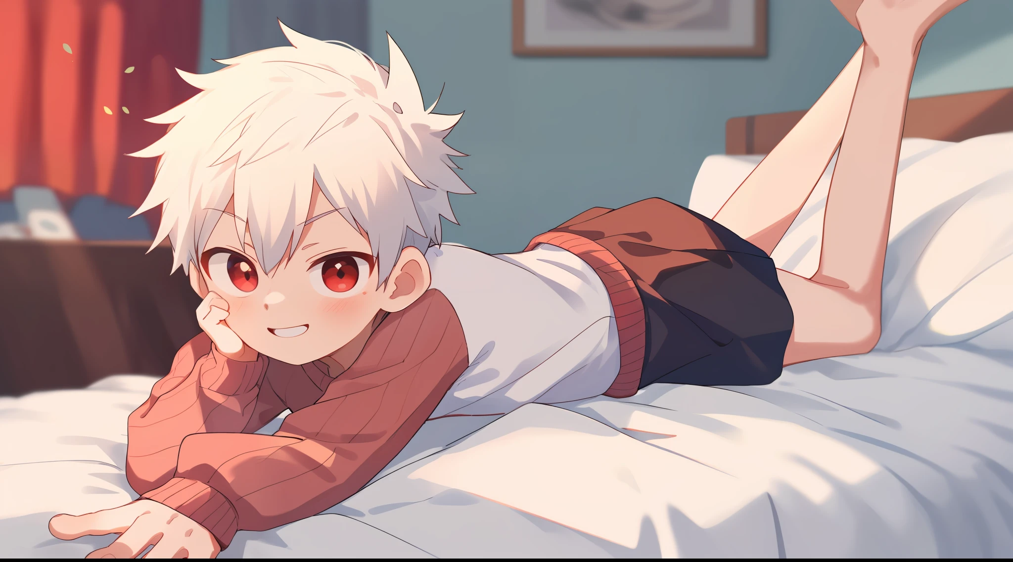 ((masterpiece)),(((best quality))), (high-quality, breathtaking),(expressive eyes, perfect face), 1boy, solo, male, short, young,  boy, short white hair, red eyes, smiling, blushing, long sleeve sweater, short shorts, indoors, lying on bed, stuff animal, cute, sweet, close up