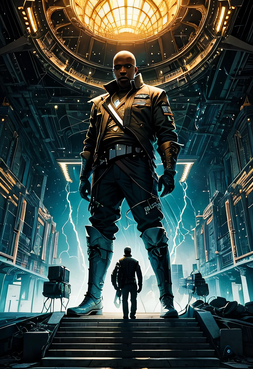 a man coming out of a spaceship like the one in Starwars, Black man. holding a mechanical pyramid with floating glowing cubes, the pyramid has some glowing lines. the cubes are radiating energy. the man is commanding the pyramid, the man is a scientist. Hyper realistic, Photography, Picture of the week, RAW, beautiful, (finely detailed skin), African skin, delivery driver, standing next to DHL stargate, in yellow-black futuristic uniform, Clouds in the background, lightning, extremely detailed,colorful,highest detailed, (dynamic pose), shiny skin, zentangle, flowers, abstract background,(masterpiece) (perfect proportion)(realistic photo)(best quality) (detailed) photographed on a Canon EOS R5, 50mm lens, F/2.8, HDR, (8k) (wallpaper) (cinematic lighting) (dramatic lighting) (sharp focus) (intricate)