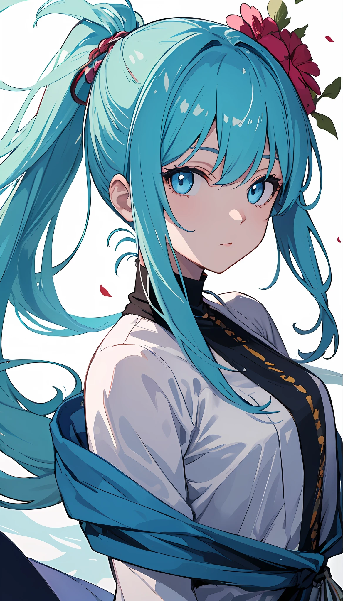 A close up of a person with blue hair and a flower in her hair - SeaArt AI