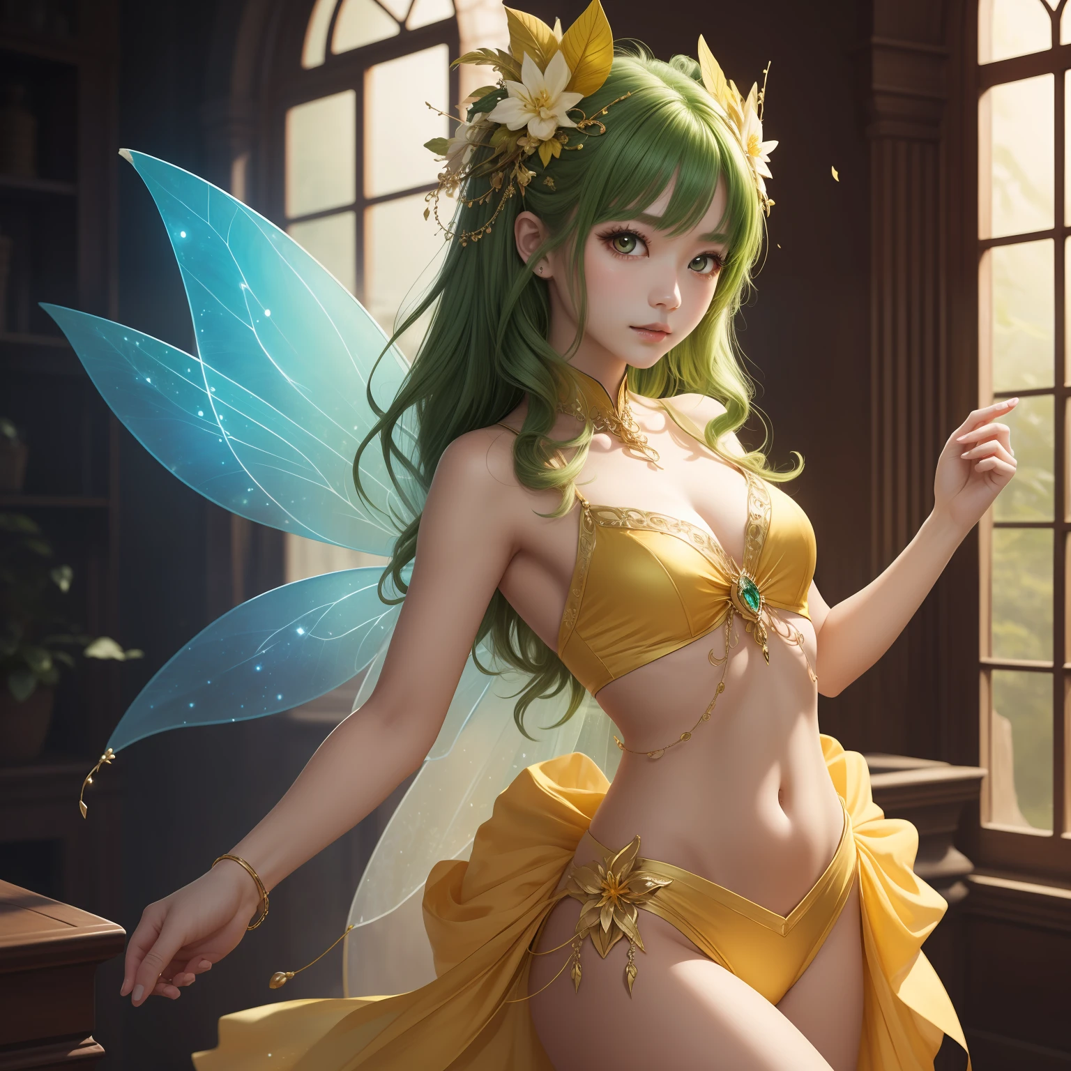 (masterpiece)8K分辨率、top-quality、Dancing Fairy、Green head hair、Yellow eyes、Hazel eyes、Delicate body、fantasy-inspired