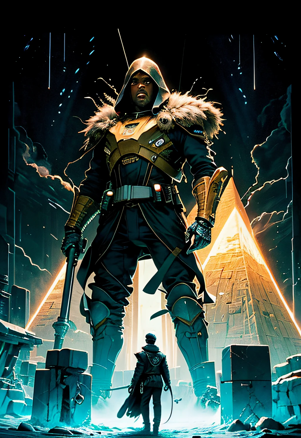 a man coming out of a spaceship like the one in Starwars, Black man. holding a mechanical pyramid with floating glowing cubes, the pyramid has some glowing lines. the cubes are radiating energy. the man is commanding the pyramid, the man is a scientist. Hyper realistic, Photography, Picture of the week, RAW, beautiful, (finely detailed skin), African skin, delivery driver, standing next to DHL stargate, in yellow-black futuristic uniform, Clouds in the background, lightning, extremely detailed,colorful,highest detailed, (dynamic pose), shiny skin, zentangle, flowers, abstract background,(masterpiece) (perfect proportion)(realistic photo)(best quality) (detailed) photographed on a Canon EOS R5, 50mm lens, F/2.8, HDR, (8k) (wallpaper) (cinematic lighting) (dramatic lighting) (sharp focus) (intricate)