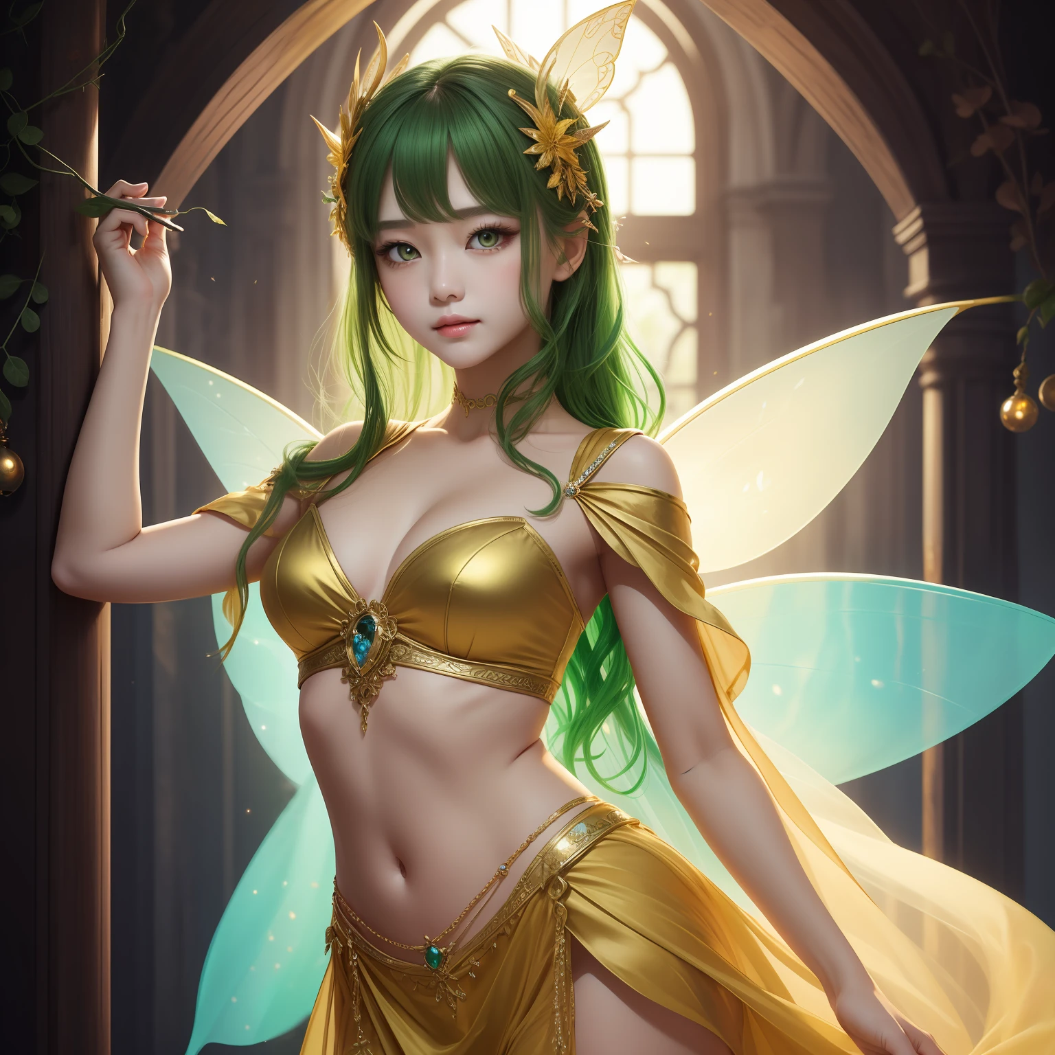 (masterpiece)8K分辨率、top-quality、Dancing Fairy、Green head hair、Yellow eyes、Hazel eyes、Delicate body、fantasy-inspired