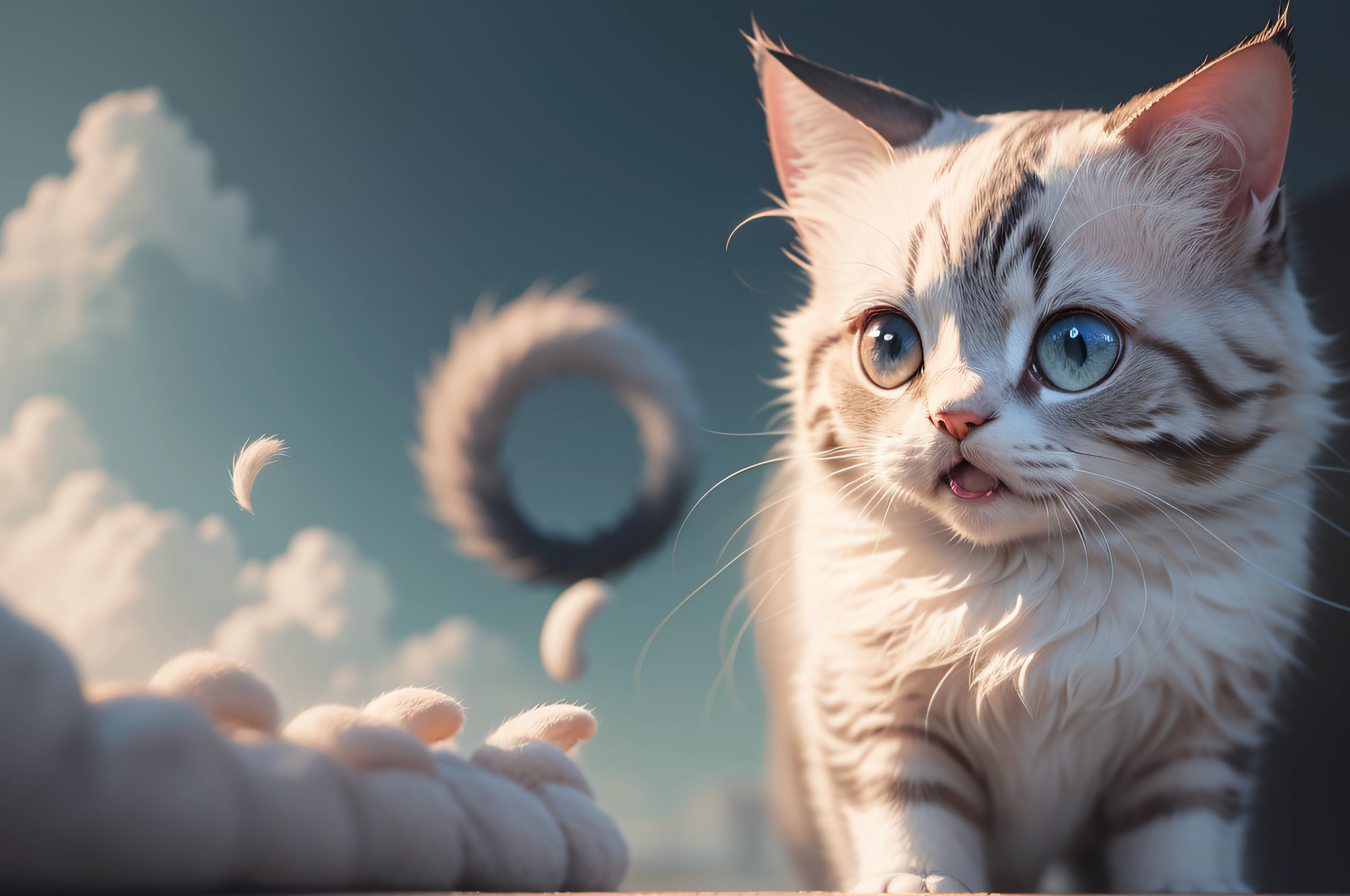 {{A {whimsical} depiction of {a cat}}} with {its {fluffy} and {soft} fur {gently} swaying in the breeze}. This is a {Pixar}-inspired image that showcases {the {playfulness} and {charm} of {cats}}. The environment/background should be {a {colorful} and {vibrant} setting} to create a {joyful} atmosphere. The image should be in the style of a {digital illustration}, incorporating elements of {lively colors and expressive shapes}. The {medium shot}, captured with a {35mm} lens, will provide a {balanced view} of the {cat's features} and {surroundings}. The lighting should be {bright and cheerful}, emphasizing {the {softness} and {fluffiness} of the {cat's fur}}. The desired level of detail is {moderate}, with a {high-resolution} resolution, highlighting {the {texture} and {gentle} nature of {cats}}. The goal is to create a {captivating} image that evokes a sense of {wonder} and {delight}.