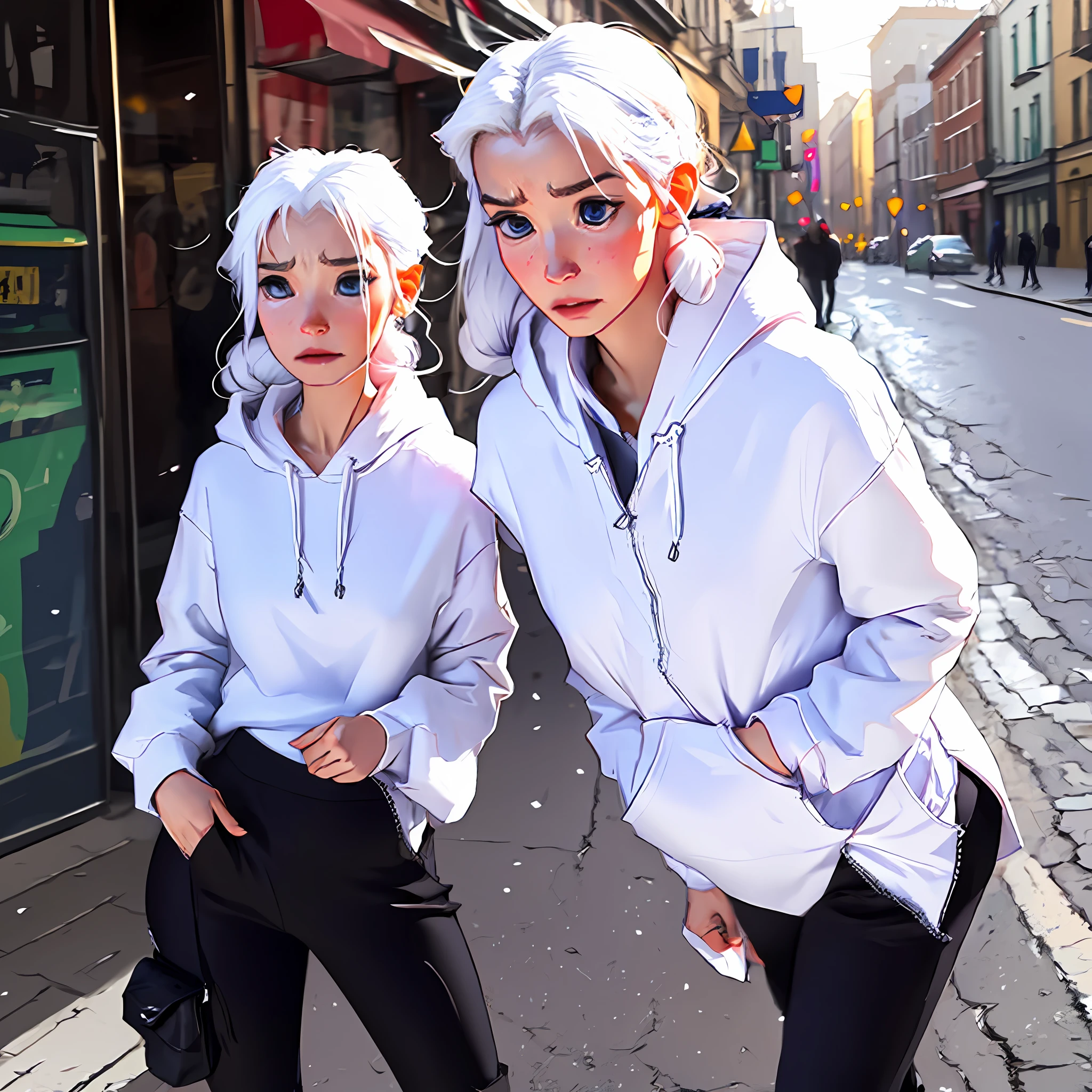 Beautiful girl wearing a white hoodie with elastic bands pulling zippers Black white-trimmed sweatpants Fair skin Ruddy lips Slim body Has bangs Moist eyes Hands in pockets She is alone Full breasts and hips White hair Two thin twisted braids on either side of the chest On the street A little shy Little bird clings to people --auto