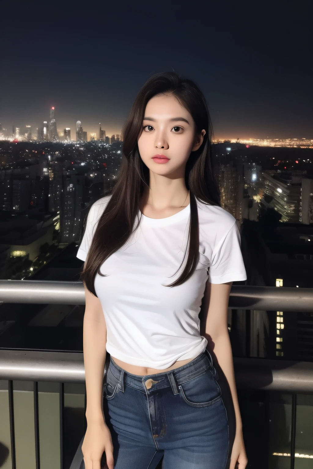 ((Midnight, Best quality, 8k, Masterpiece :1.3)), Whole body, Long legs, Sharp focus :1.2, A pretty woman with perfect figure :1.4, Slender abs :1.1, ((Dark brown hair, Big breasts :1.2)), (White tight tshirt, Jean bib, Standing:1.2), ((Night city view, Rooftop:1.3)), Highly detailed face and skin texture, Detailed eyes, Double eyelid