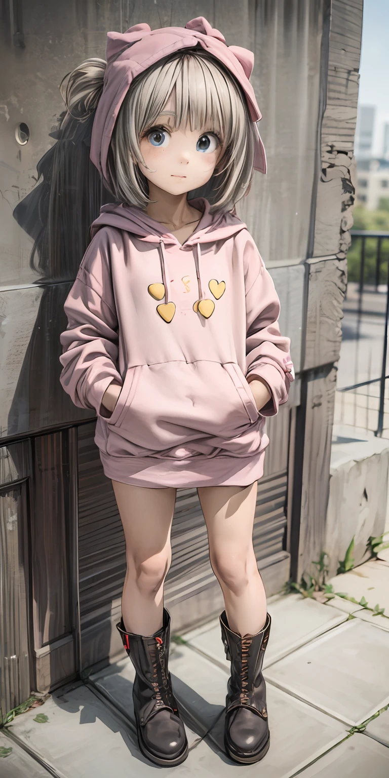 cute female child, Pink bow, Pink hoodie, eBlue eyes, As estrelas, heart-shaped, plushies, boots, k hd, 8k, (((nice hand))), cute face,Super cute girl full body 3D drawing,adolable,Pop Mart Blind Box