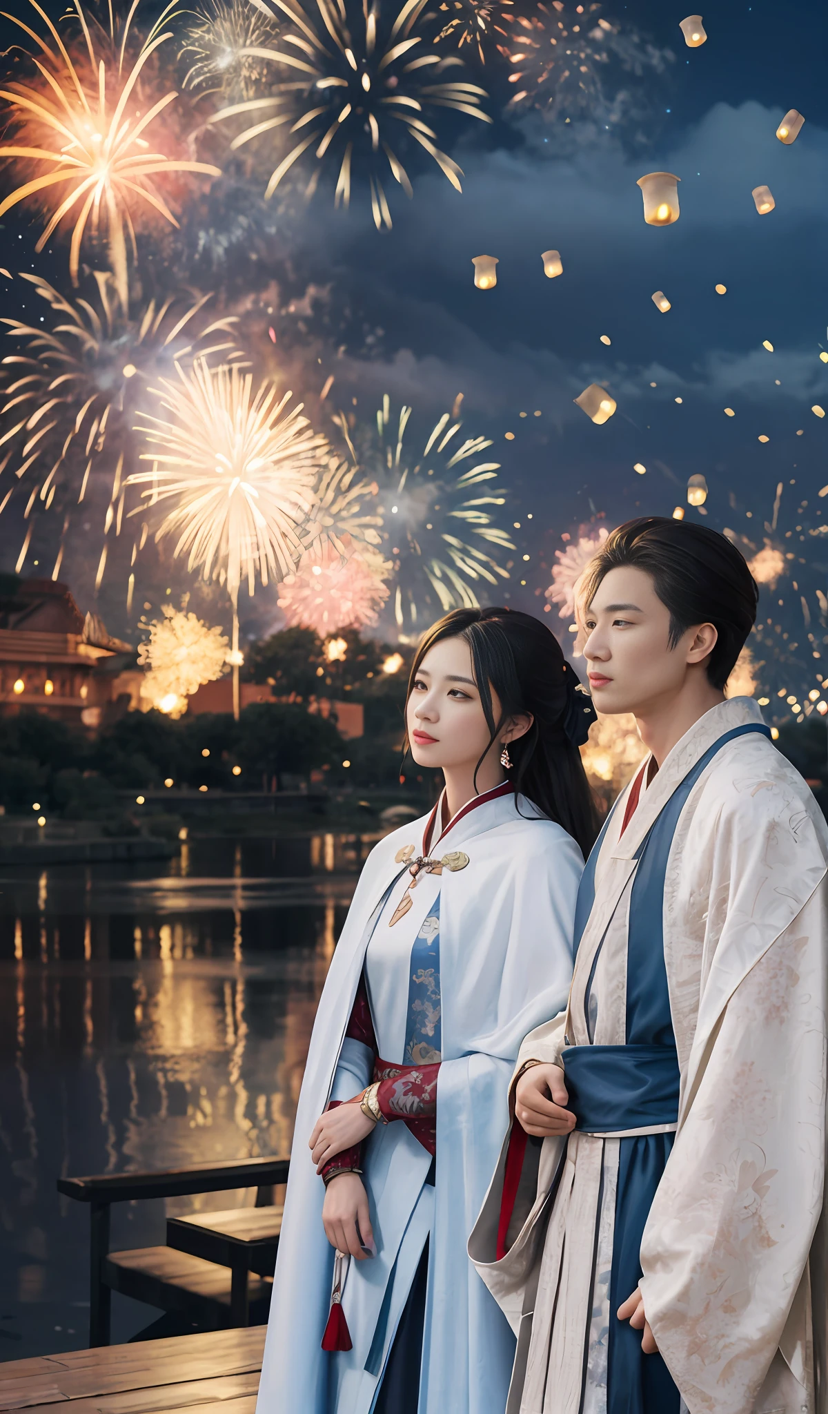 A man and a woman stood side by side,Wearing Han costumes, The woman wears a cloak, Intend to move on, Look up at the lights across the river, Fireworks in the starry sky at night, Kong Ming lantern slowly rising, High detail, romanticism lain, Verism, En plein air, kanon, Wide-angle, Masterpiece, High details, High quality, Best quality, A high resolution