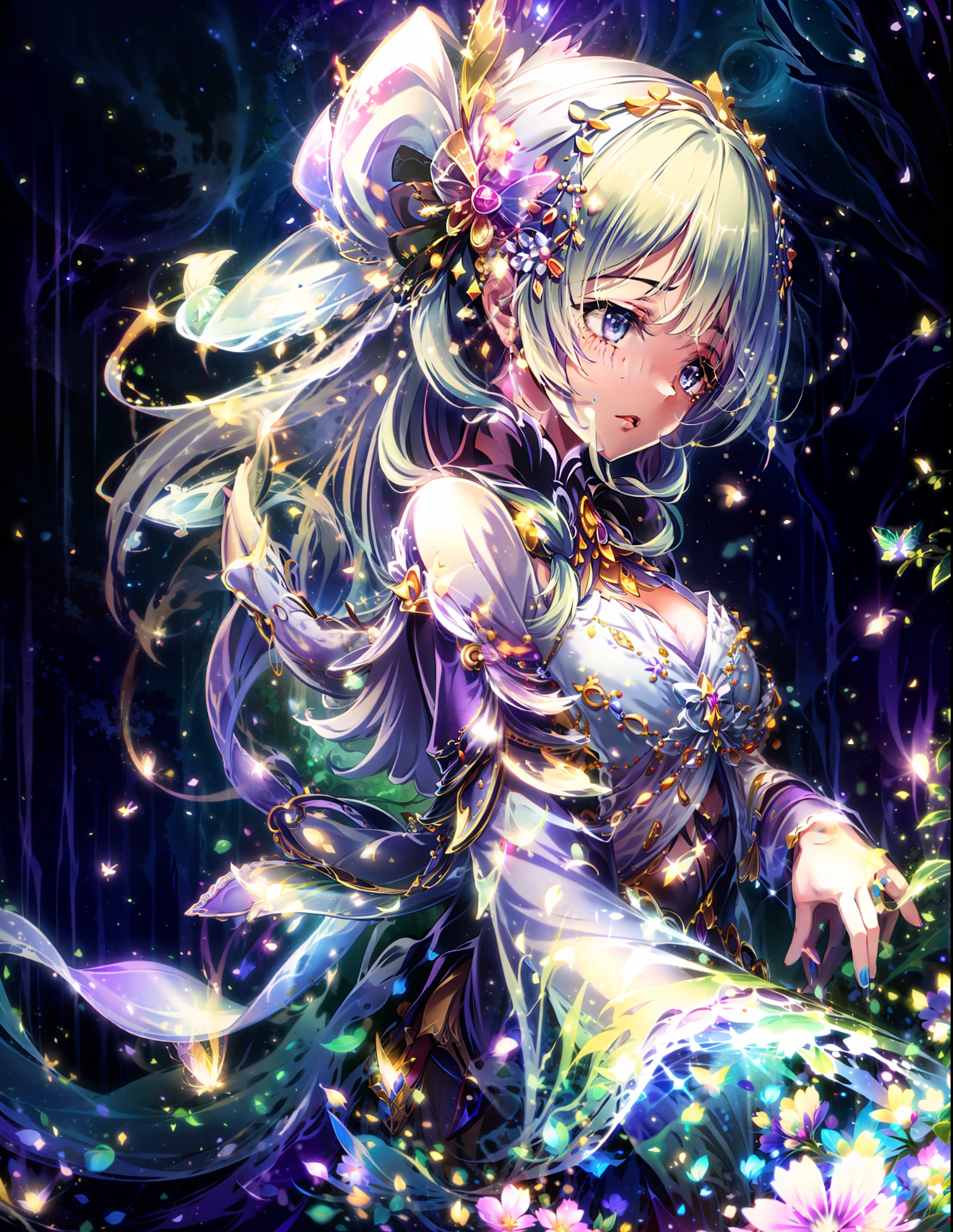 In a realm of enchantment, within a magical forest, a mystical fairy girl emerges, a radiant being adorned in gossamer threads of moonlight. Her dress, woven from petals and stardust, shimmers with an iridescent glow, reflecting the celestial canopy above. As she flutters amidst blossoming trees and twinkling fireflies, the air resonates with the ethereal symphony of nature's whispers, creating a realm where dreams and reality intertwine in a dance of pure enchantment.,emilia