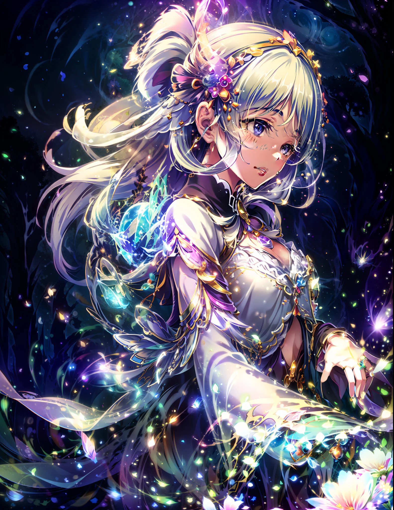 In a realm of enchantment, within a magical forest, a mystical fairy girl emerges, a radiant being adorned in gossamer threads of moonlight. Her dress, woven from petals and stardust, shimmers with an iridescent glow, reflecting the celestial canopy above. As she flutters amidst blossoming trees and twinkling fireflies, the air resonates with the ethereal symphony of nature's whispers, creating a realm where dreams and reality intertwine in a dance of pure enchantment.,emilia